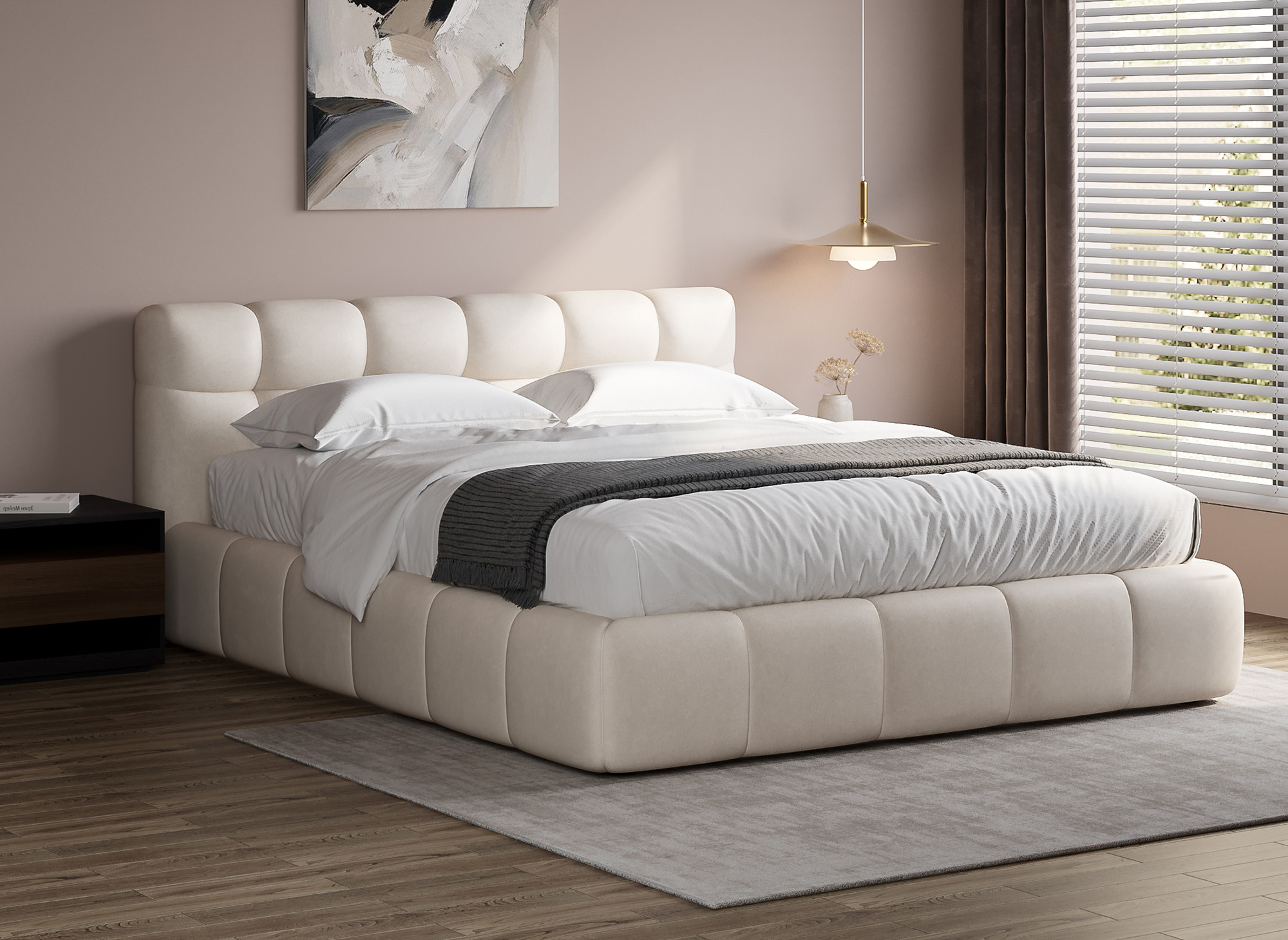 Lit double en velours beige 160x200 cm GEORGINA