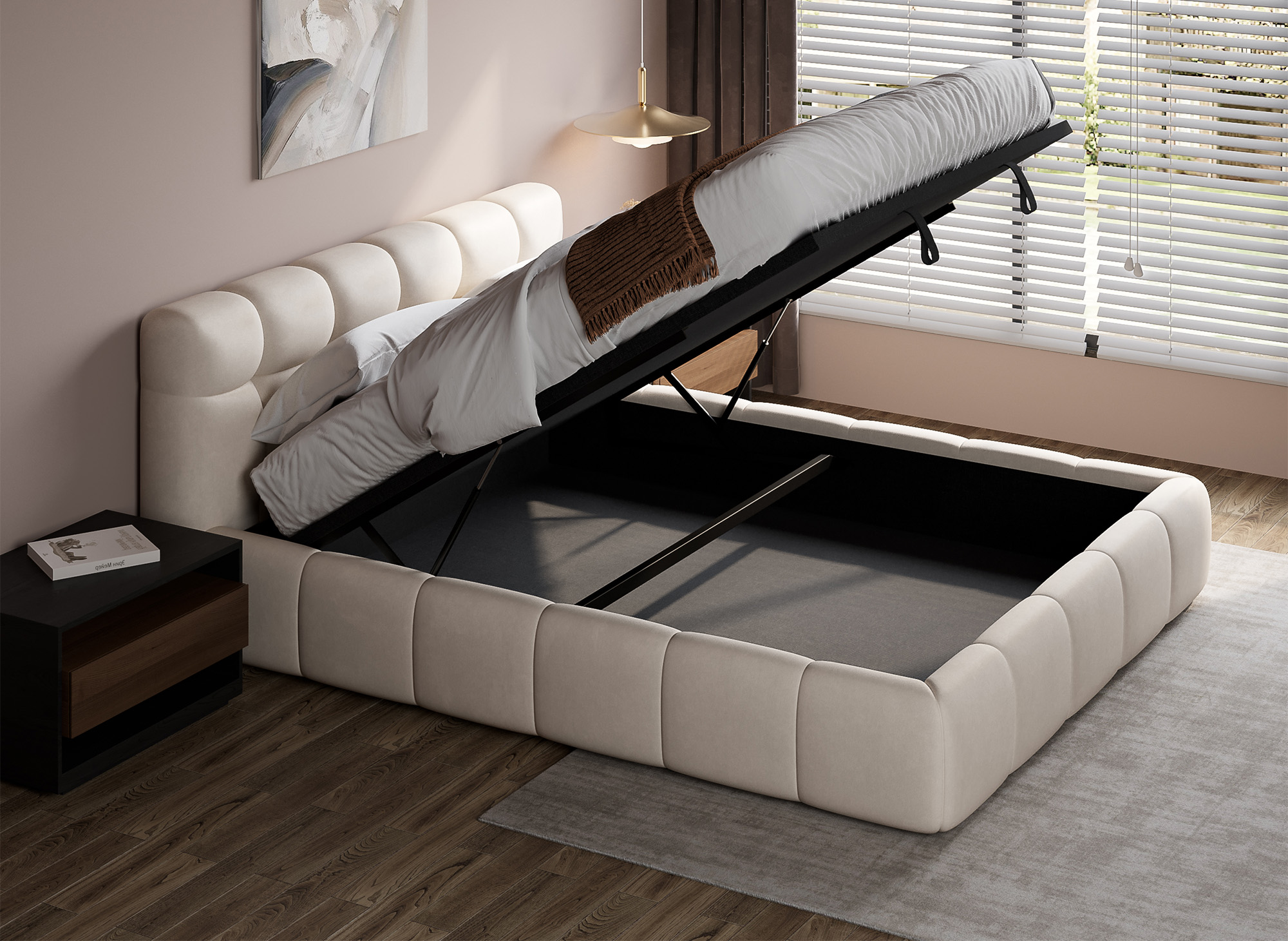 Lit coffre en velours beige 160x200 cm GEORGINA