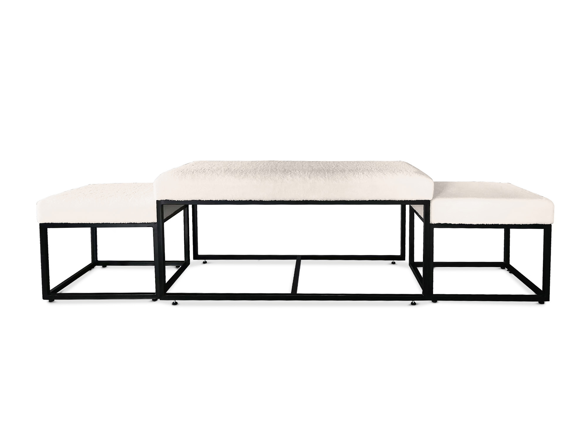Banquette avec poufs en tissu bouclette blanc écru et pieds en métal noir BECKIE