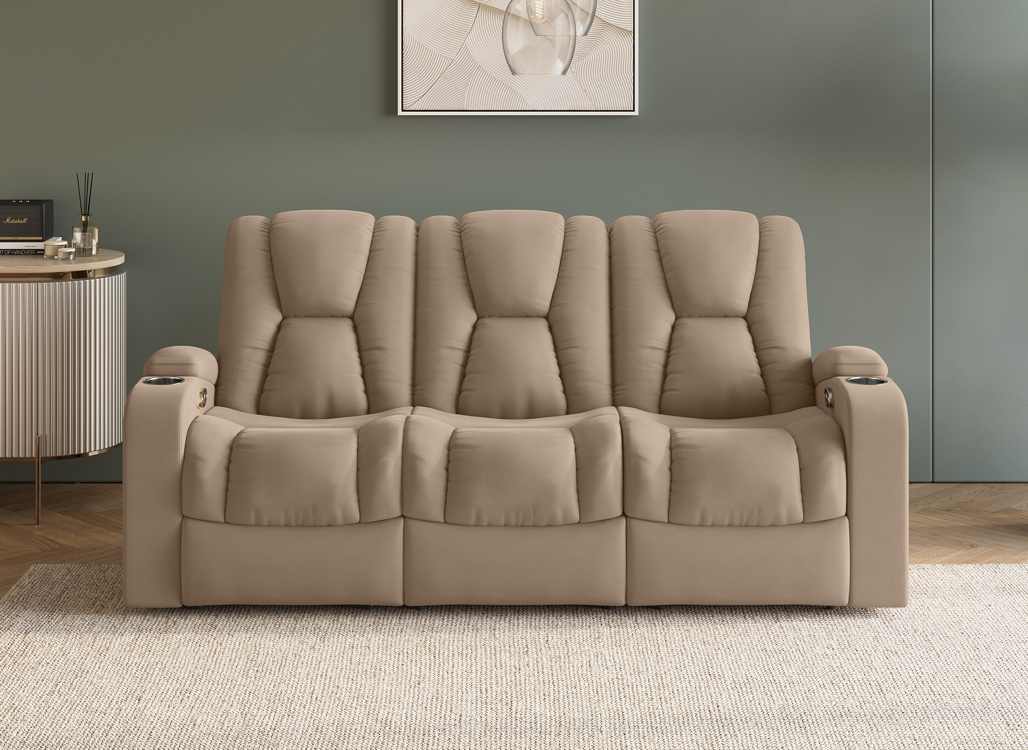 Canapé 3 places relax électrique en tissu microfibre beige EL CLARENCE