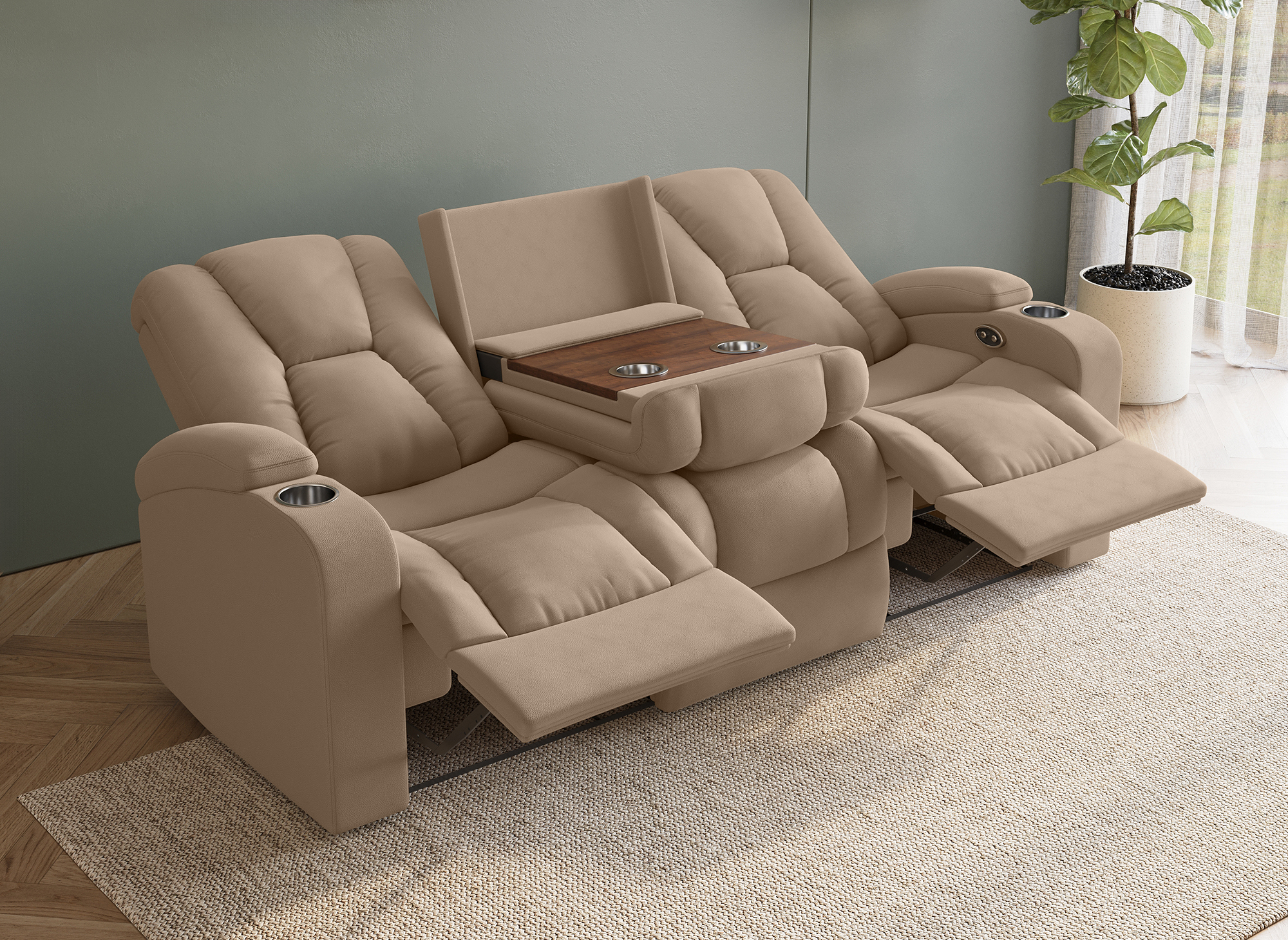 Canapé 3 places relax électrique en tissu microfibre beige EL CLARENCE