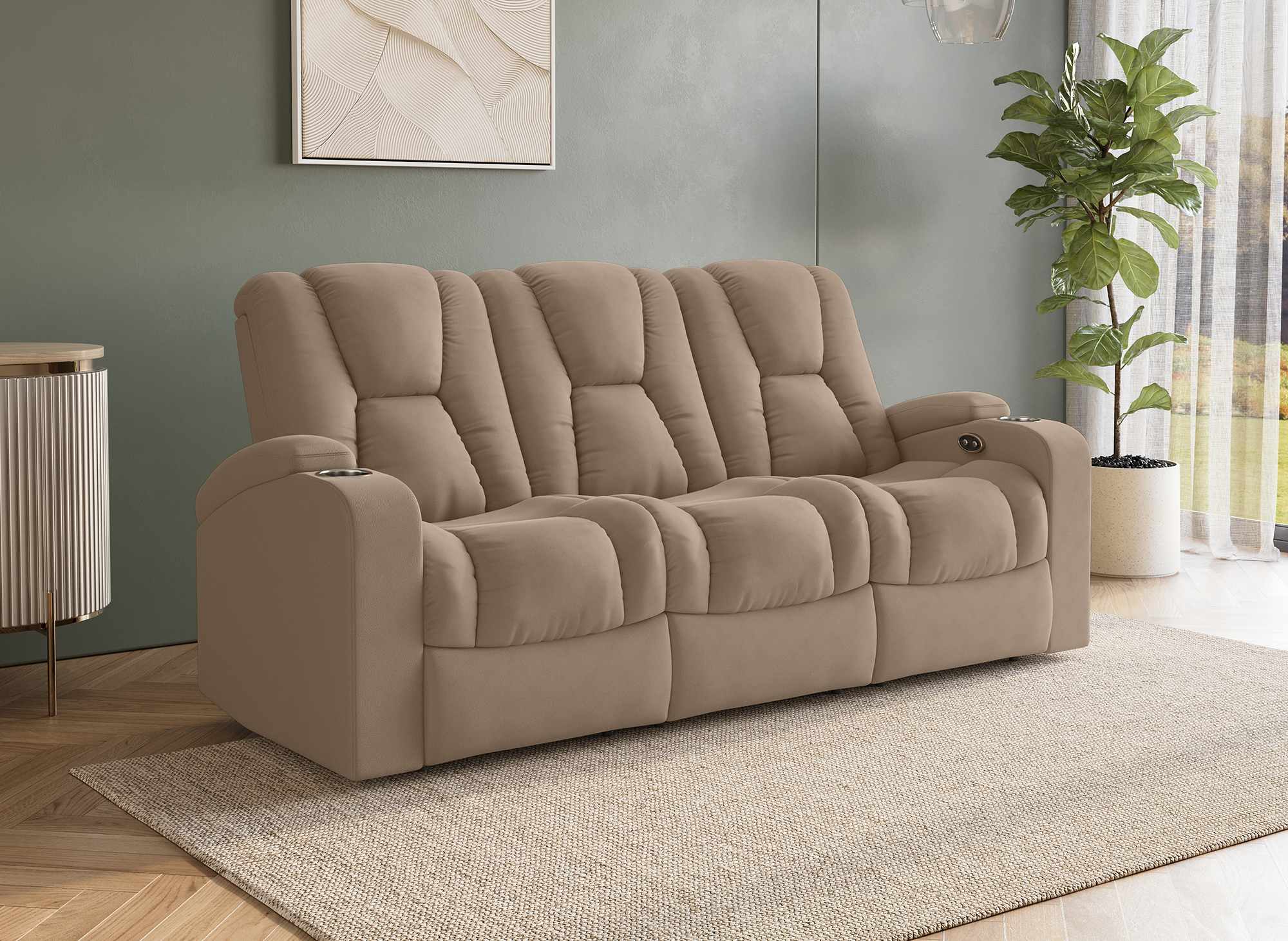 Canapé 3 places relax électrique en tissu microfibre beige EL CLARENCE