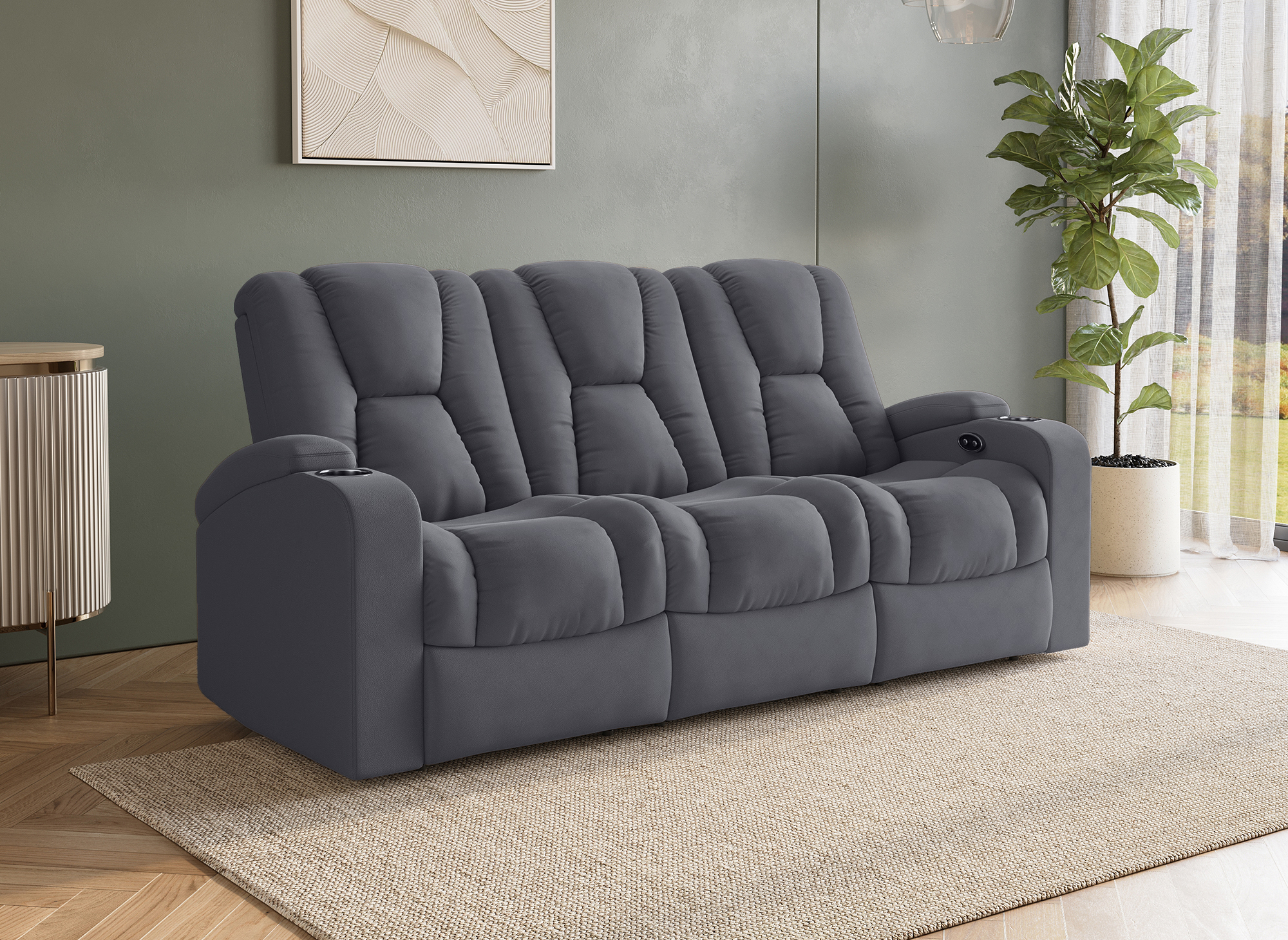 Canapé 3 places relax électrique en tissu microfibre gris EL CLARENCE