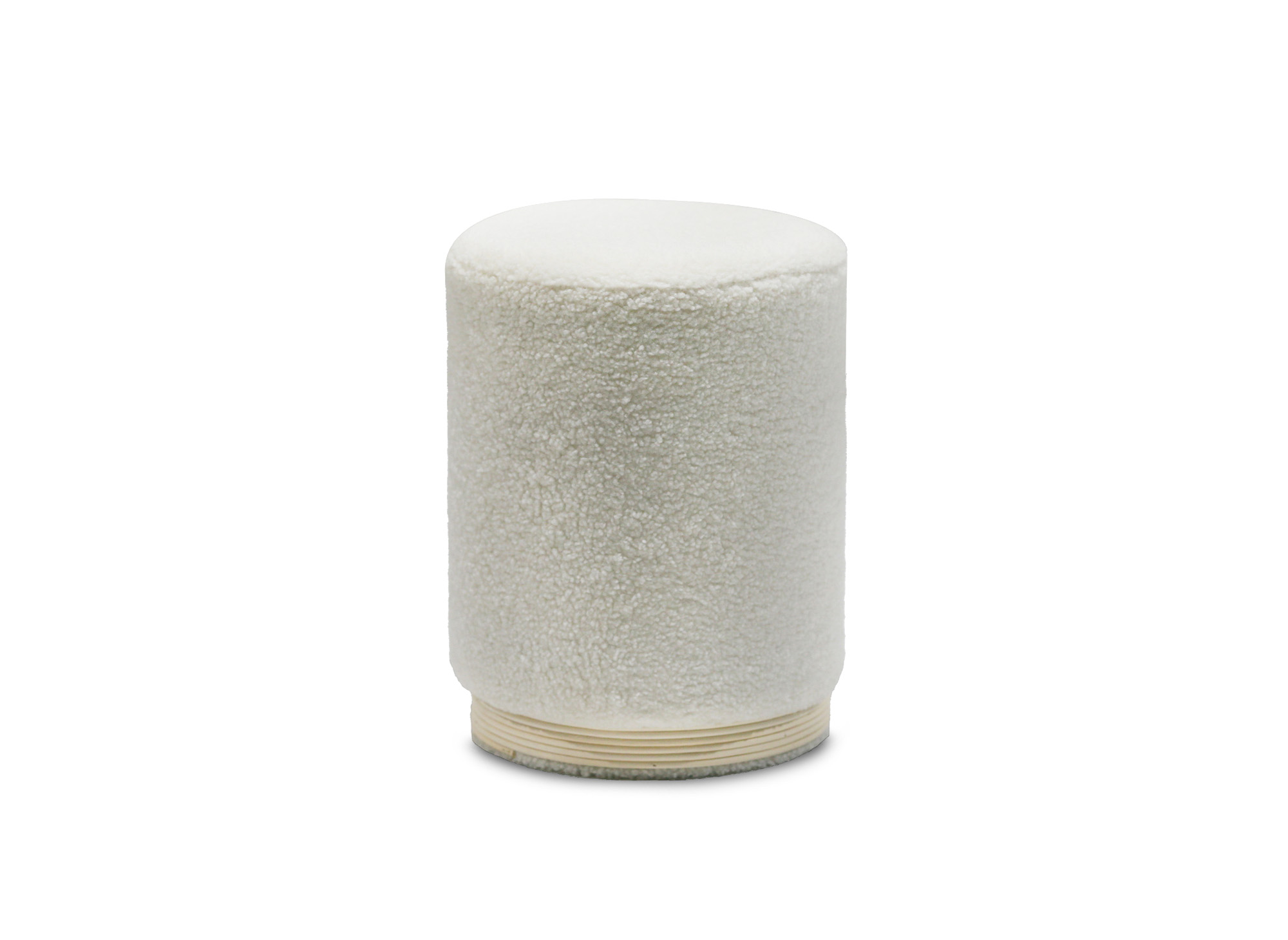 Pouf en tissu effet peau de mouton blanc écru et bois TANY