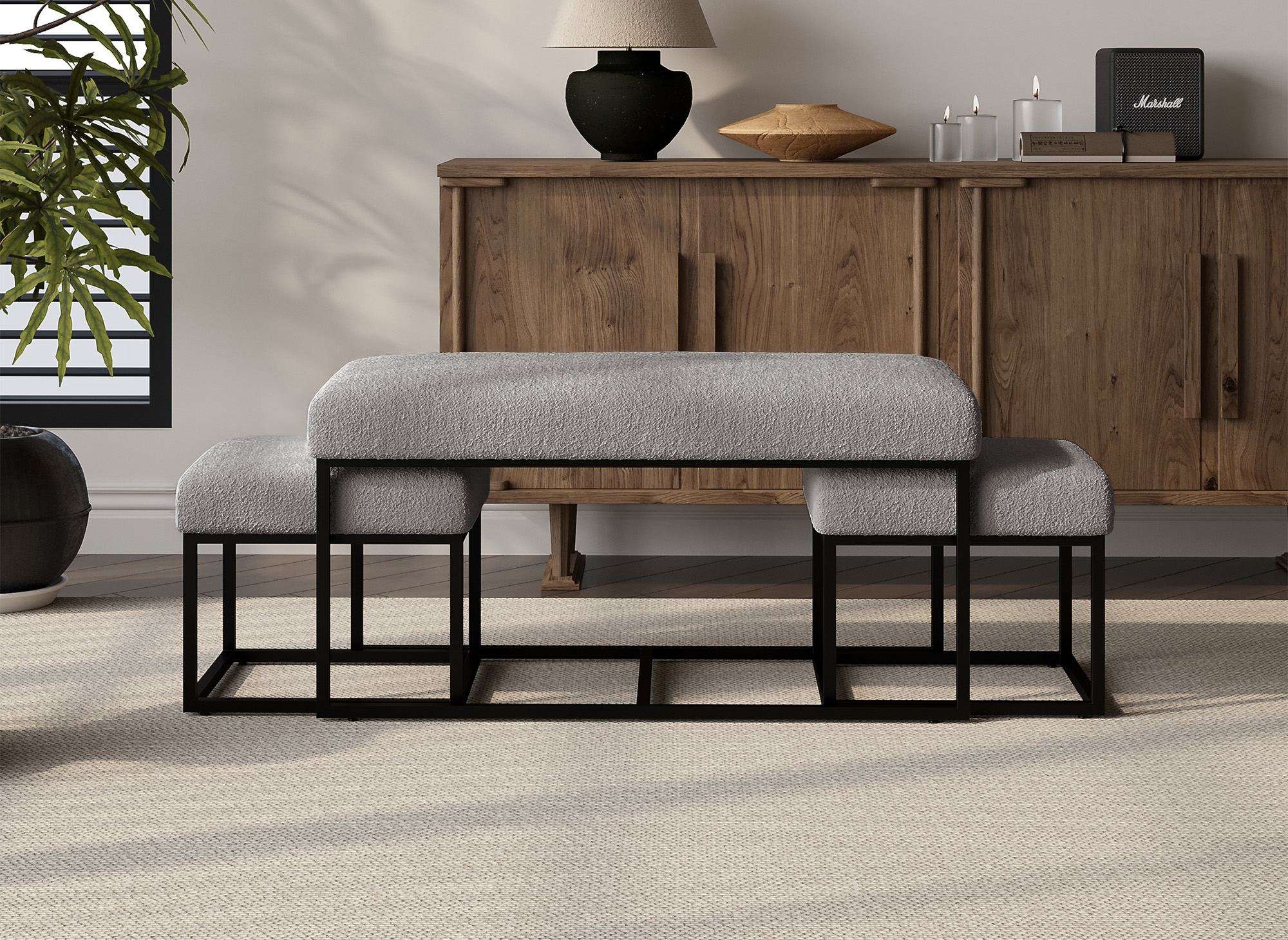 Banquette avec poufs en tissu bouclette gris et pieds en métal noir BECKIE