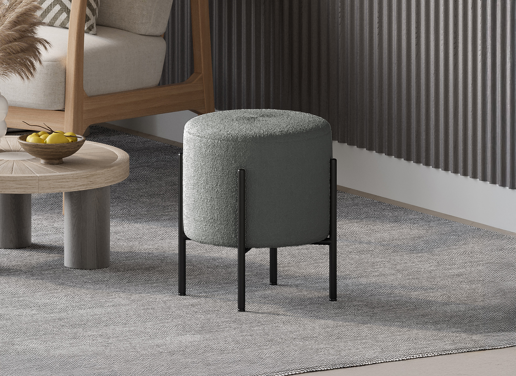 Pouf design en tissu bouclette gris et pieds en métal noir LIREN