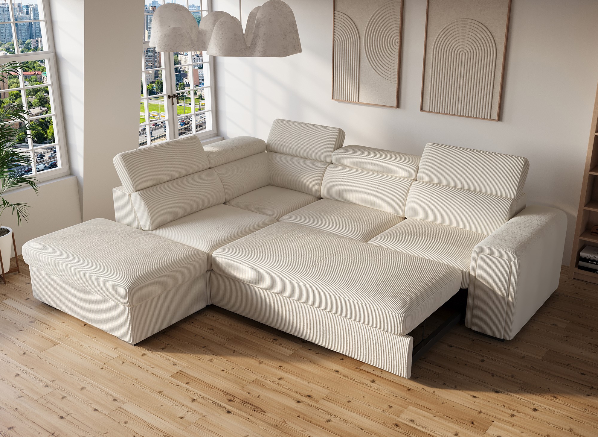 Canapé d'angle convertible avec coffre en velours côtelé épais beige ZENOVA - Angle gauche