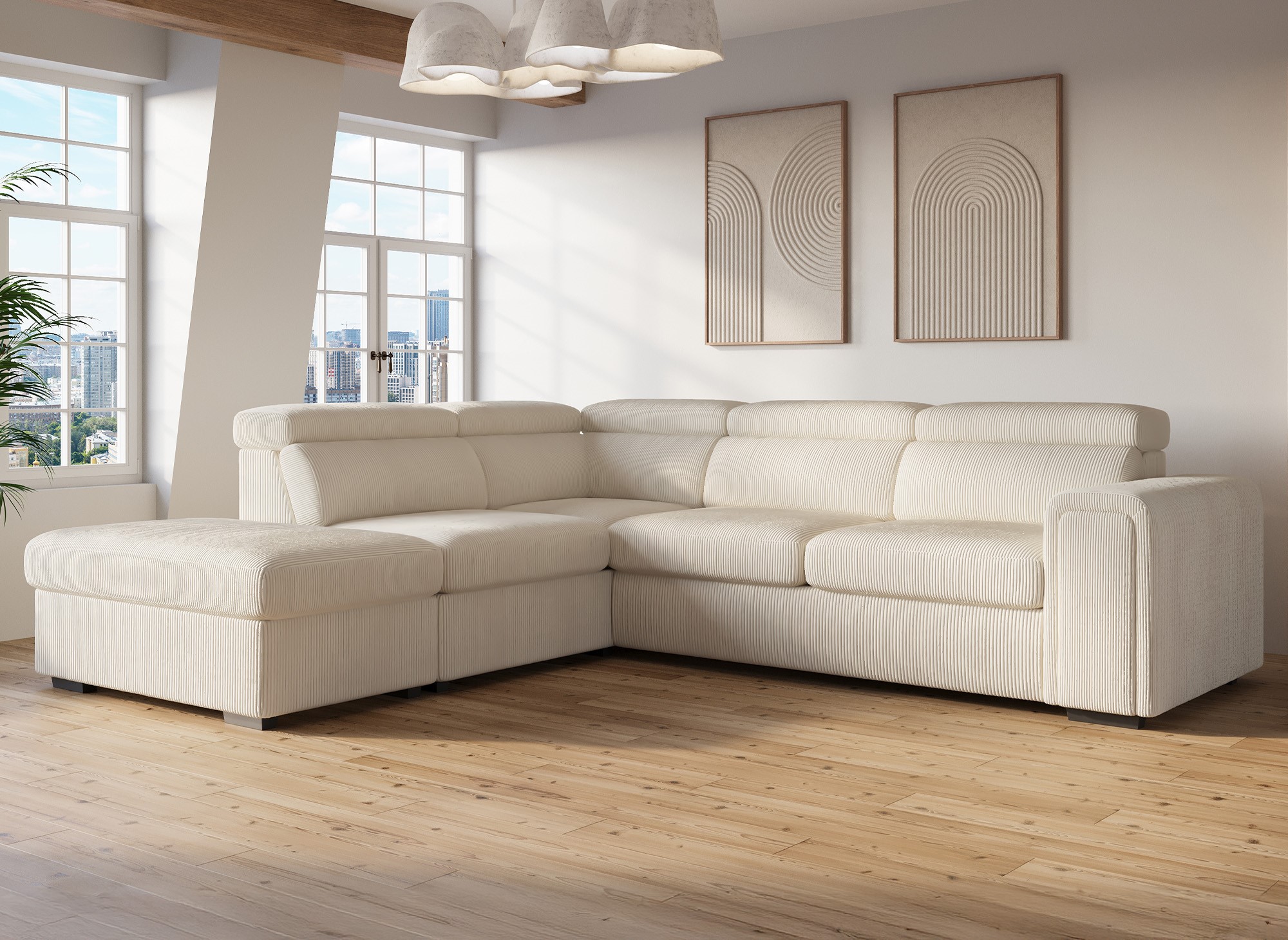 Canapé d'angle convertible avec coffre en velours côtelé épais beige ZENOVA - Angle gauche