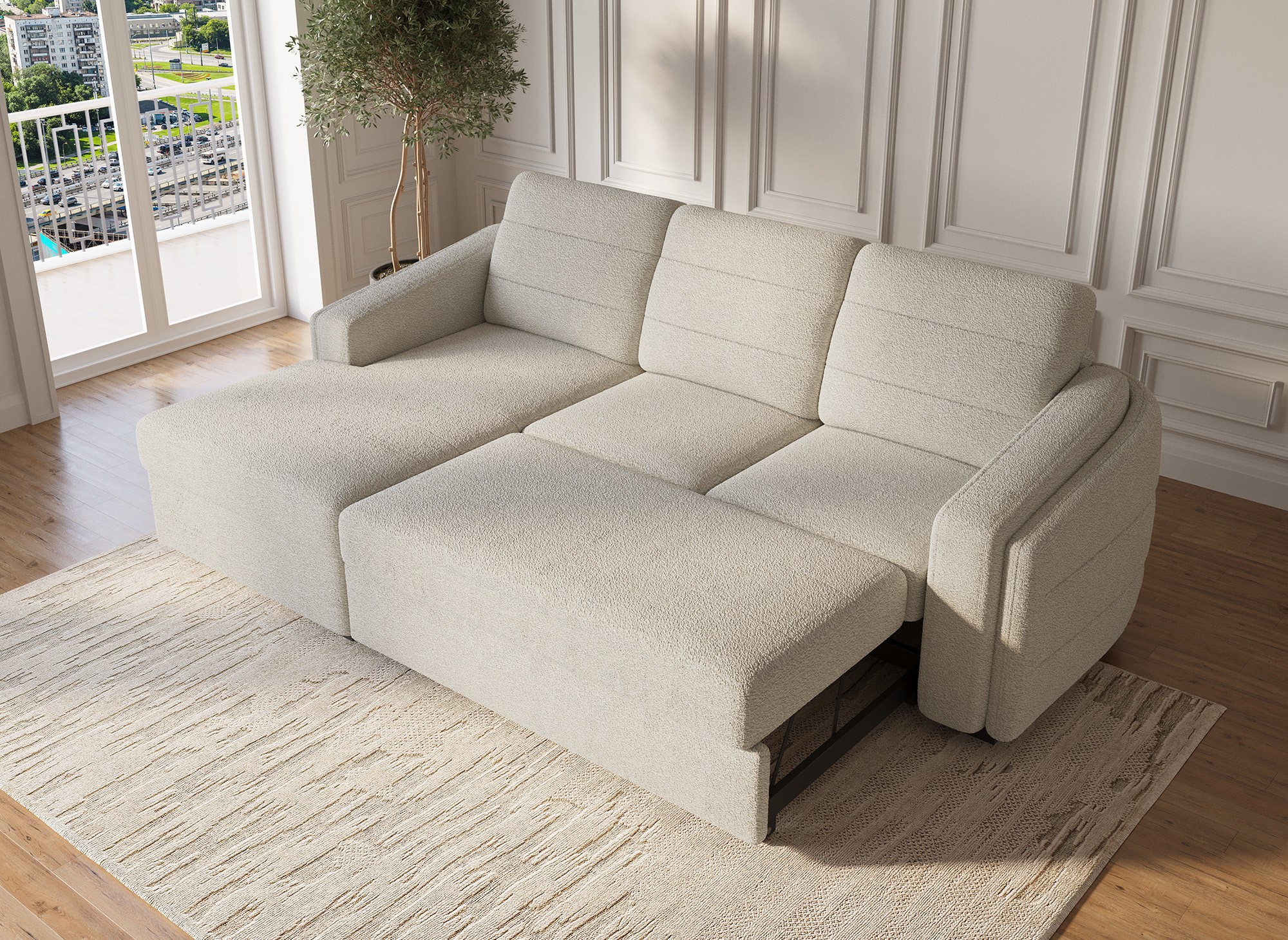 Canapé d'angle convertible avec coffre en tissu bouclette beige CALANDRA - Angle gauche