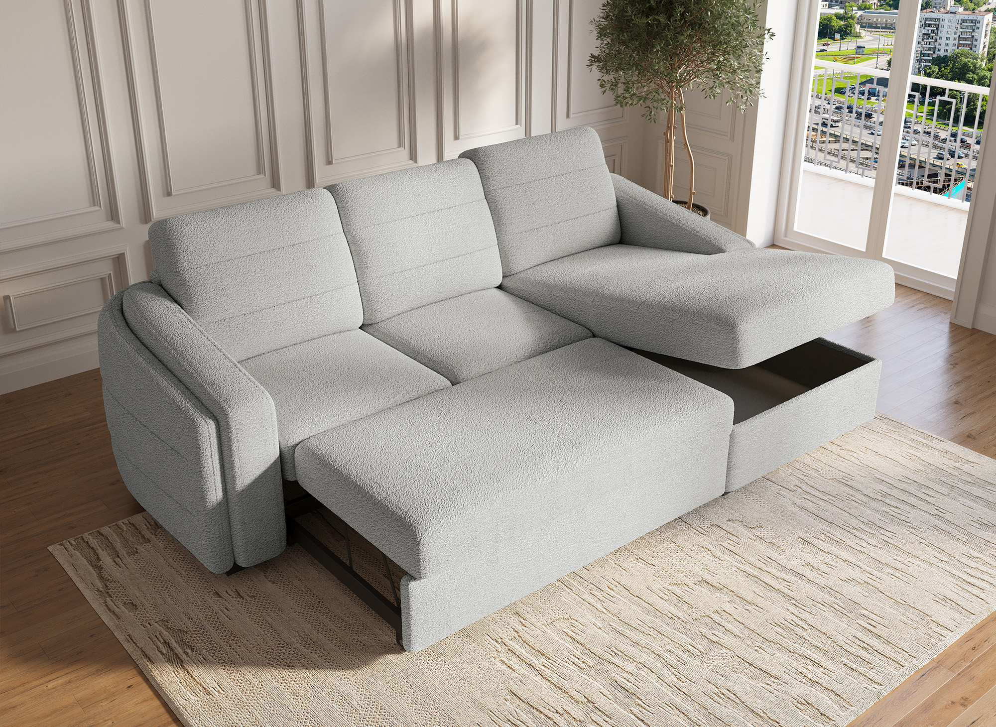 Canapé d'angle convertible avec coffre en tissu bouclette gris clair CALANDRA - Angle droit