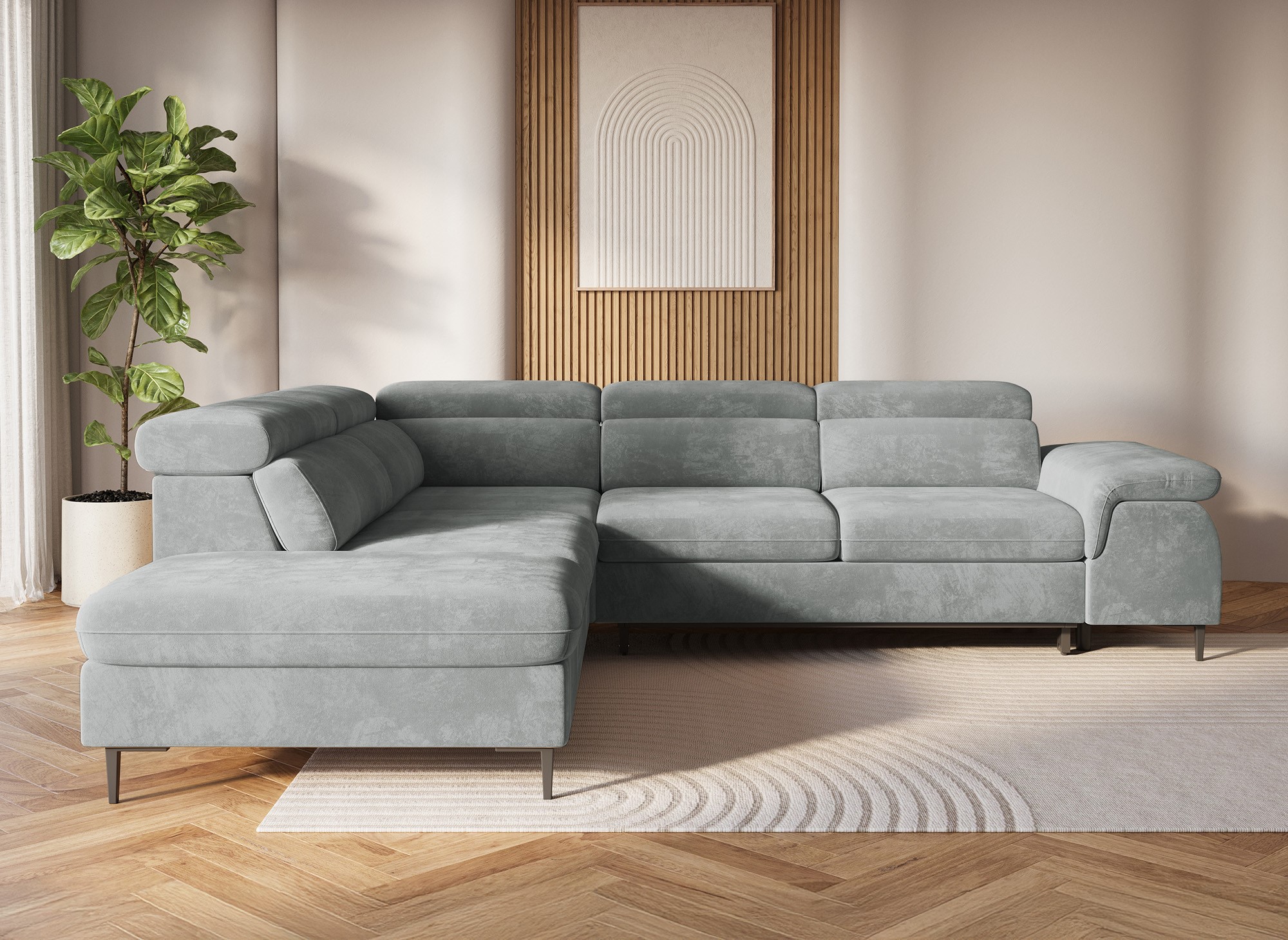 Canapé d'angle convertible avec coffre de rangement en velours gris SWAN - Angle gauche