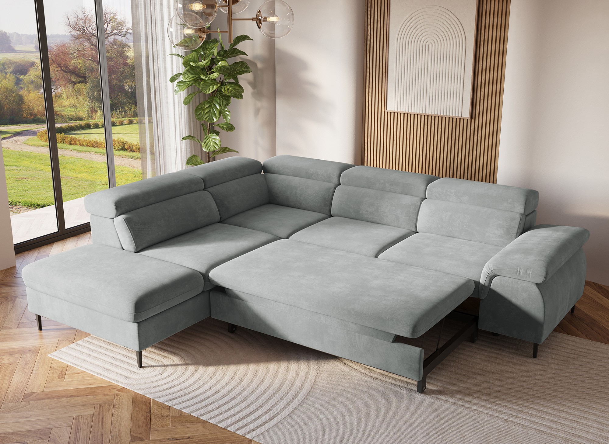 Canapé d'angle convertible avec coffre de rangement en velours gris SWAN - Angle gauche