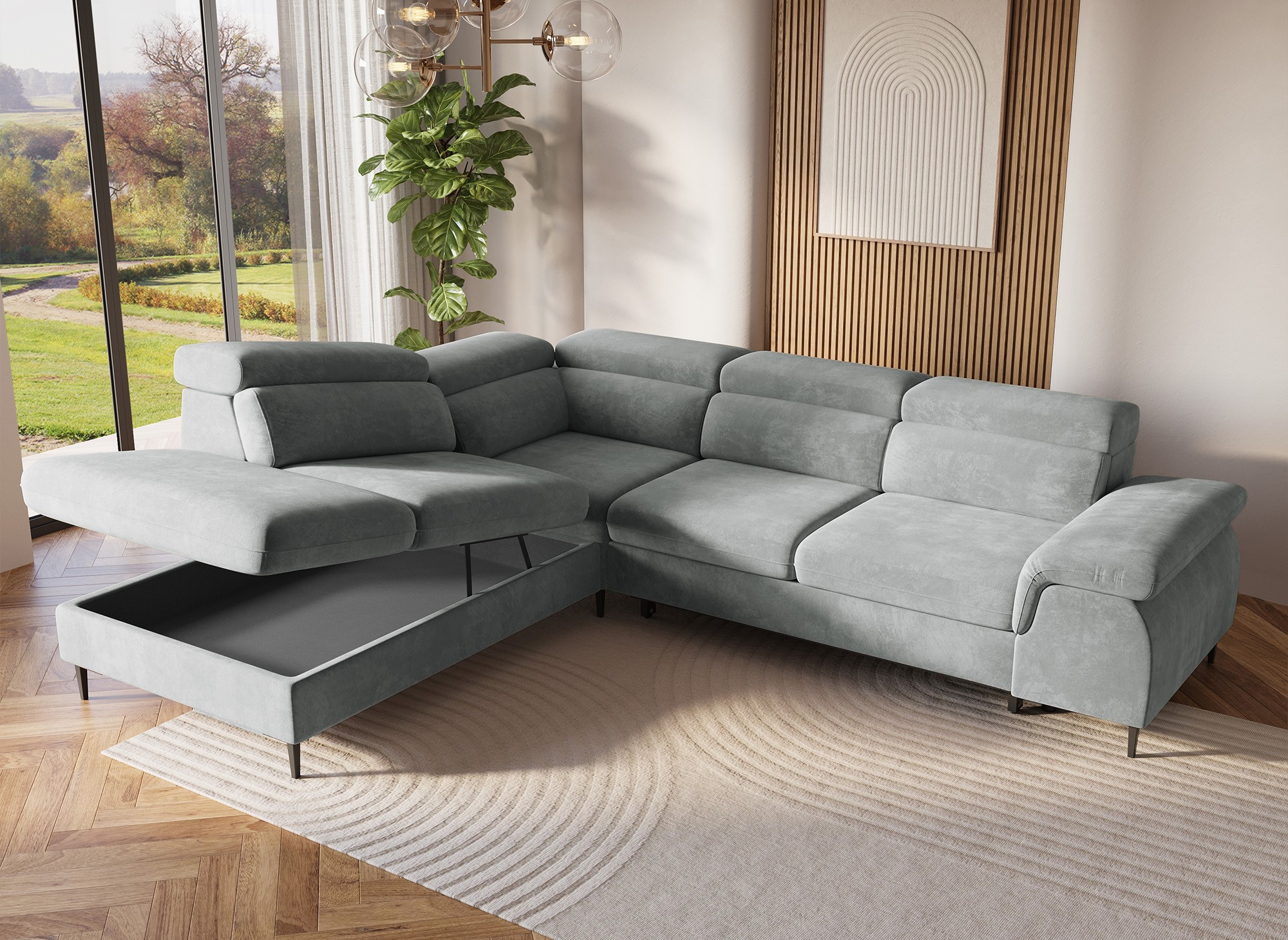 Canapé d'angle convertible avec coffre de rangement en velours gris SWAN - Angle gauche