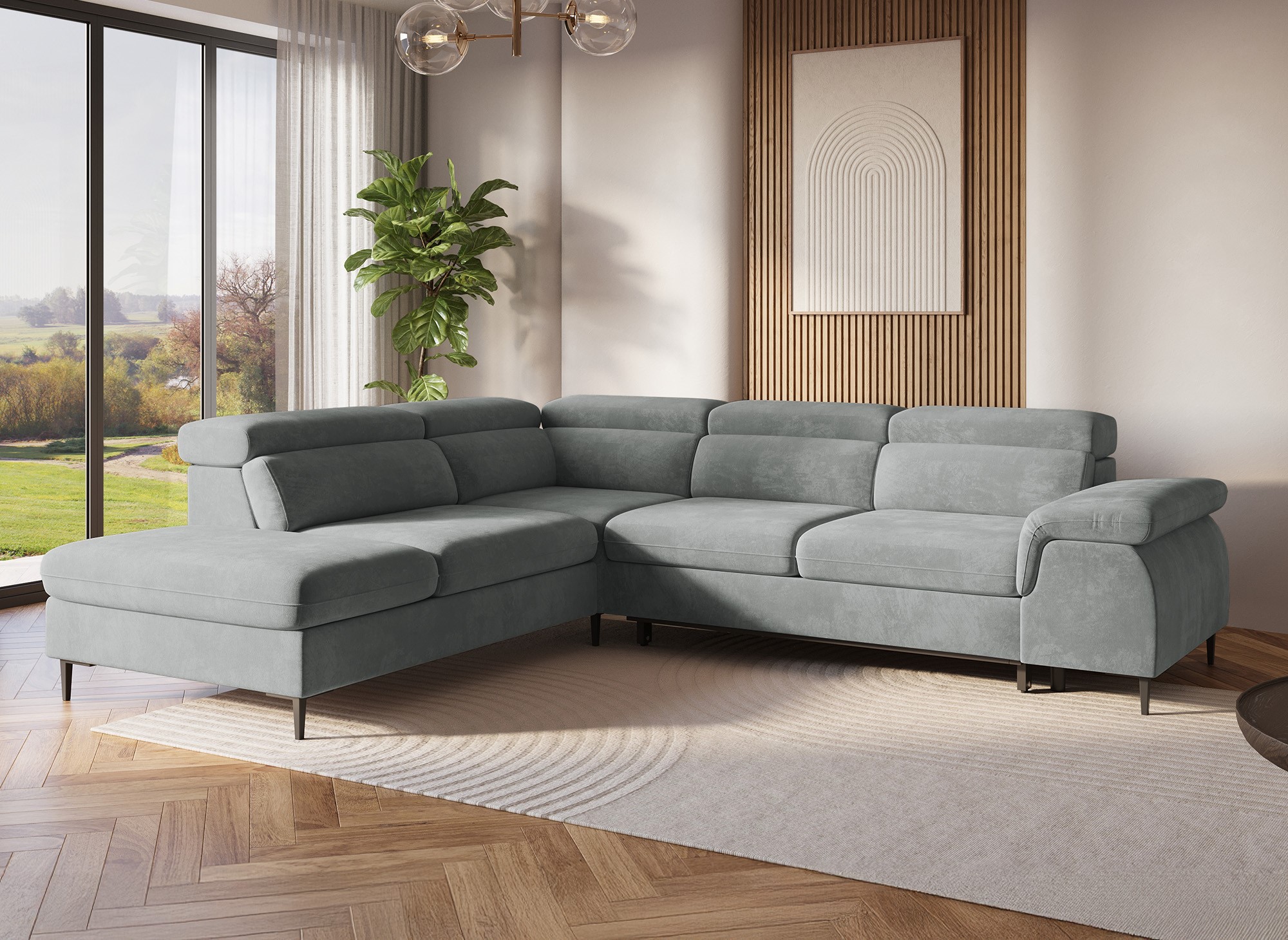 Canapé d'angle convertible avec coffre de rangement en velours gris SWAN - Angle gauche