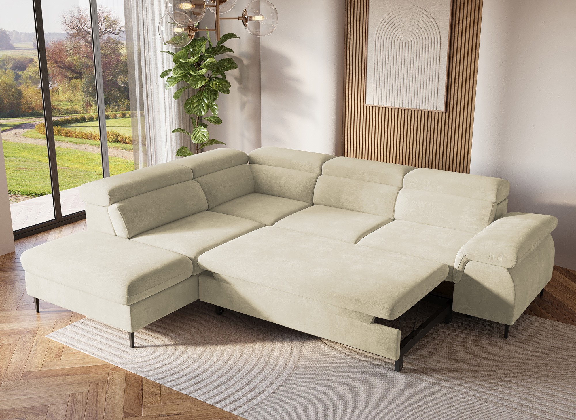 Canapé d'angle convertible avec coffre de rangement en velours beige SWAN - Angle gauche
