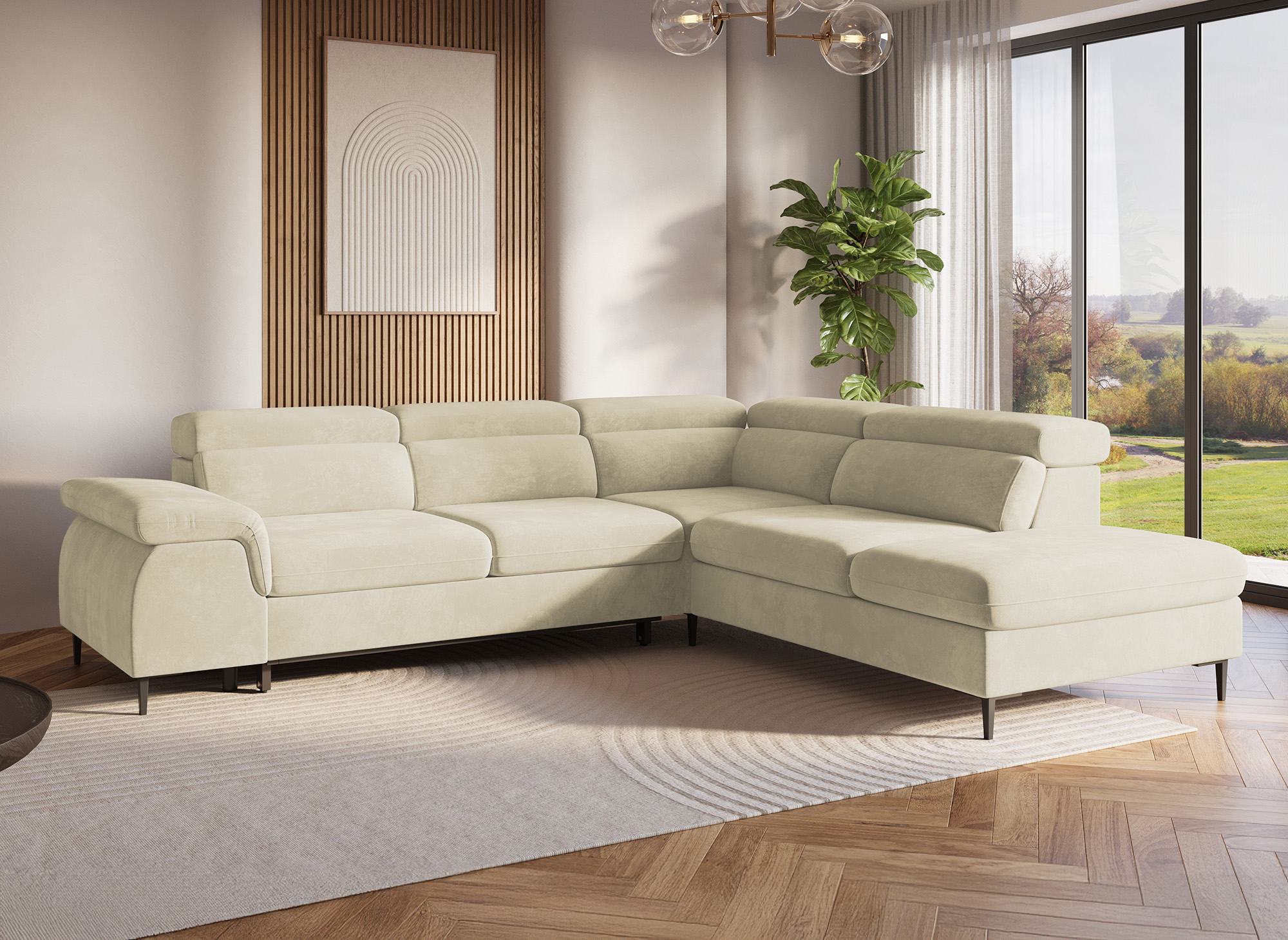 Canapé d'angle convertible avec coffre de rangement en velours beige SWAN - Angle droit