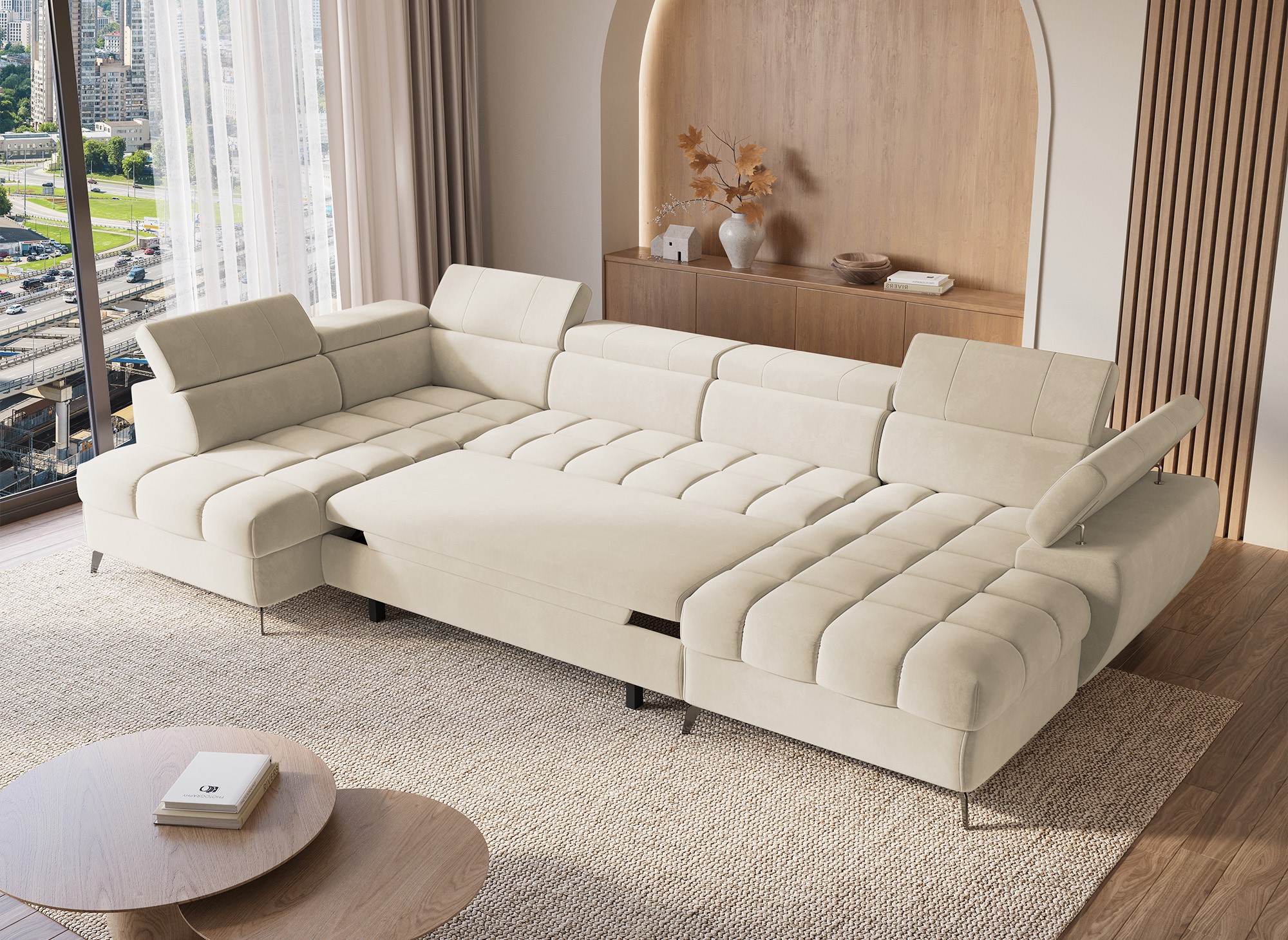Canapé panoramique convertible matelassé avec coffre en velours beige LUCIANO - Angle droit