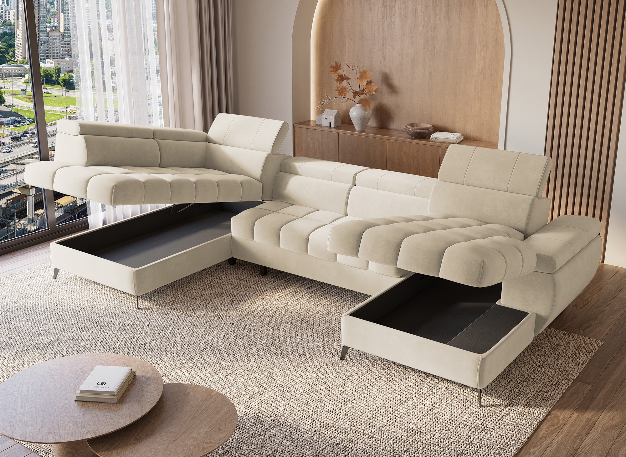 Canapé panoramique convertible matelassé avec coffre en velours beige LUCIANO - Angle droit