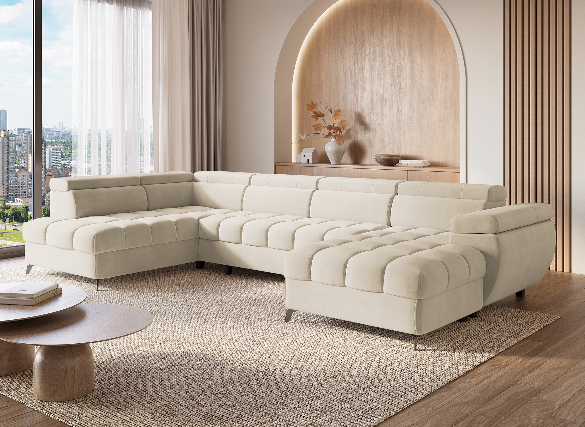 Canapé panoramique convertible matelassé avec coffre en velours beige LUCIANO - Angle droit