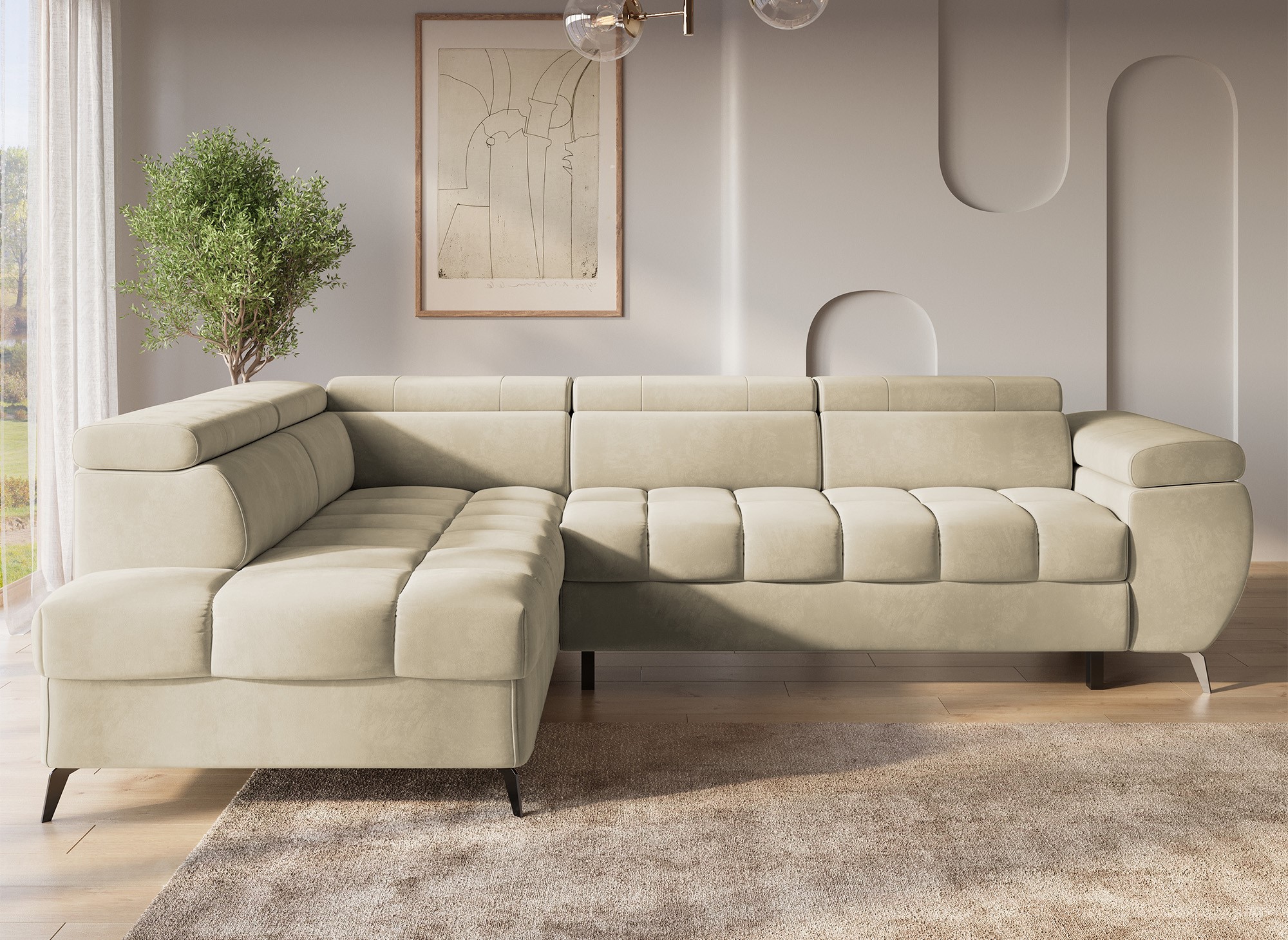 Canapé d’angle convertible matelassé avec coffre en velours beige LUCIANO - Angle gauche