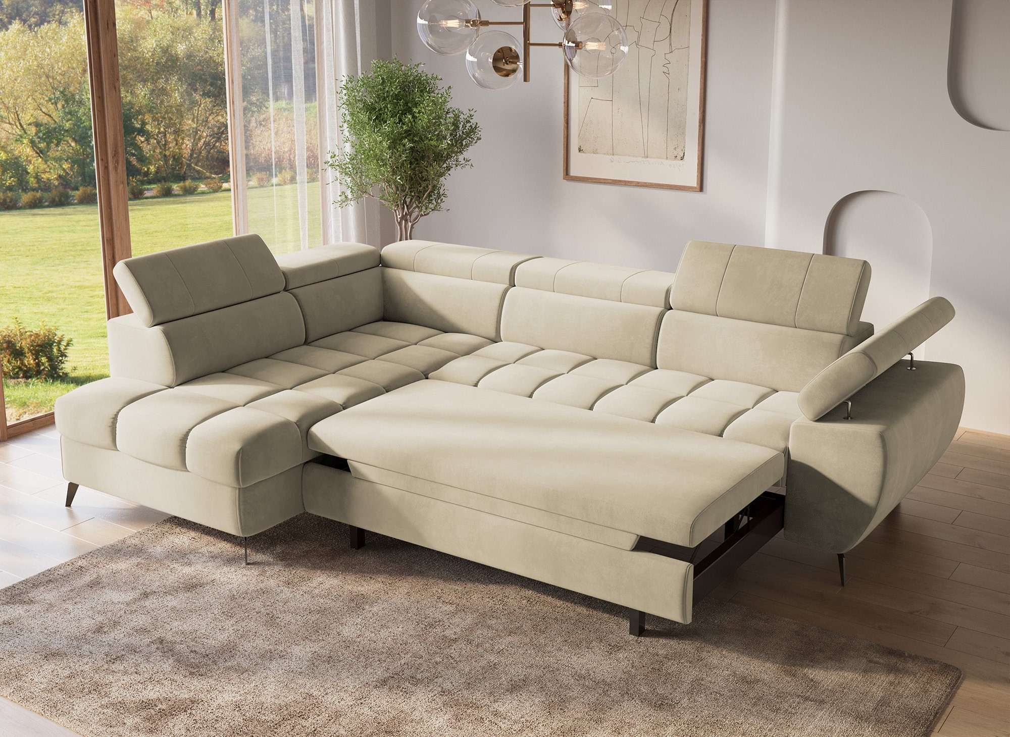 Canapé d’angle convertible matelassé avec coffre en velours beige LUCIANO - Angle gauche