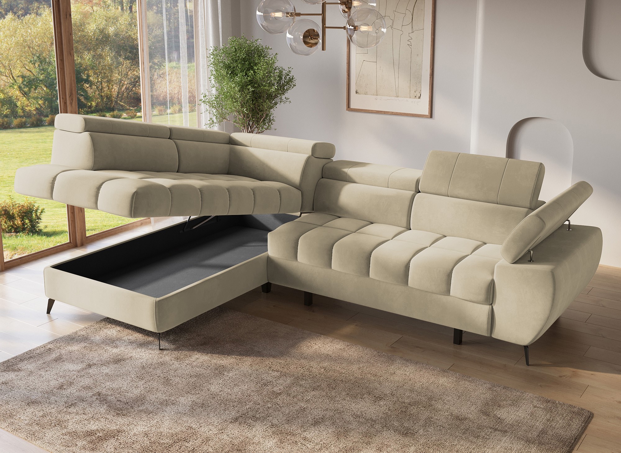 Canapé d’angle convertible matelassé avec coffre en velours beige LUCIANO - Angle gauche