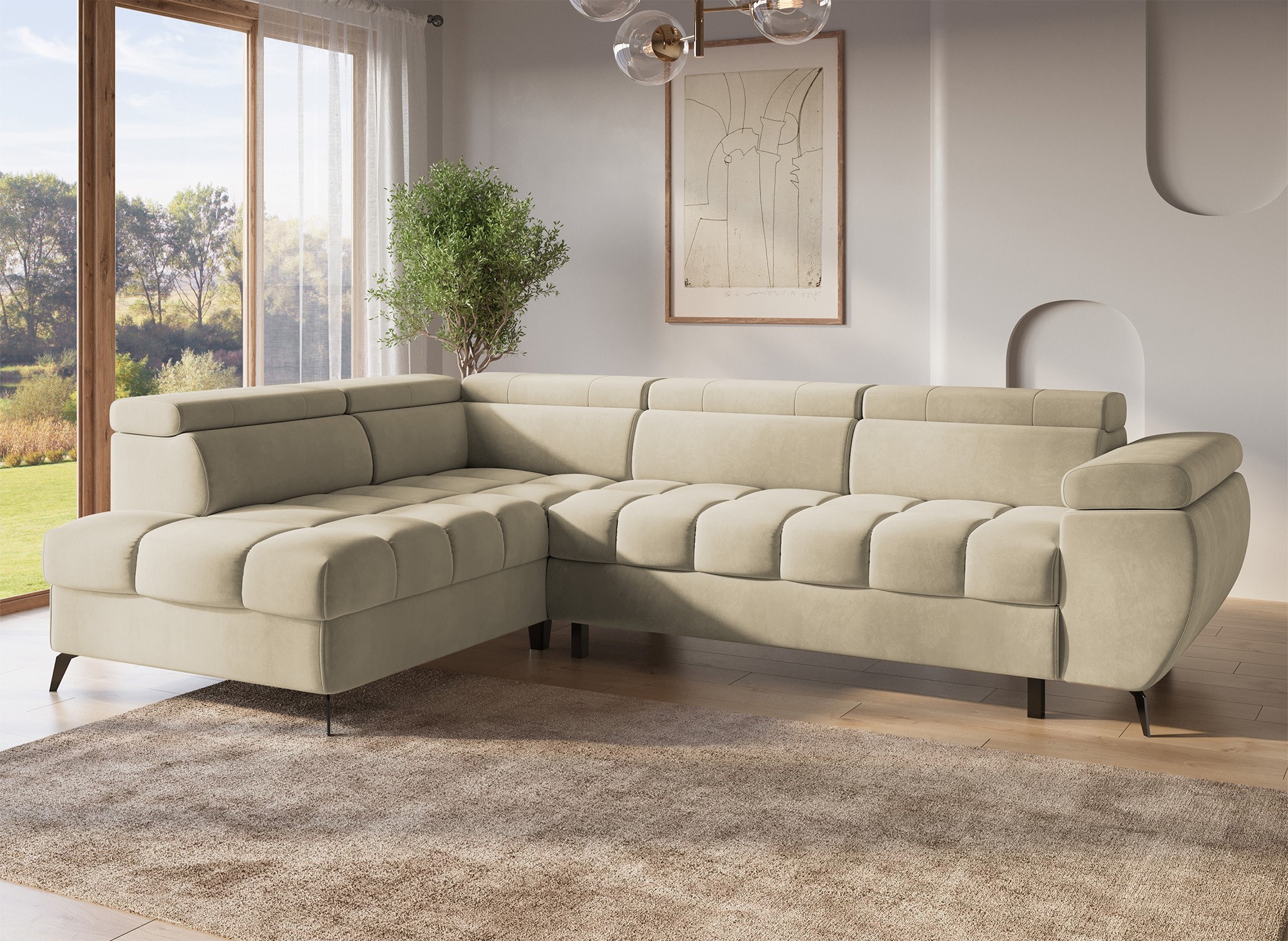 Canapé d’angle convertible matelassé avec coffre en velours beige LUCIANO - Angle gauche