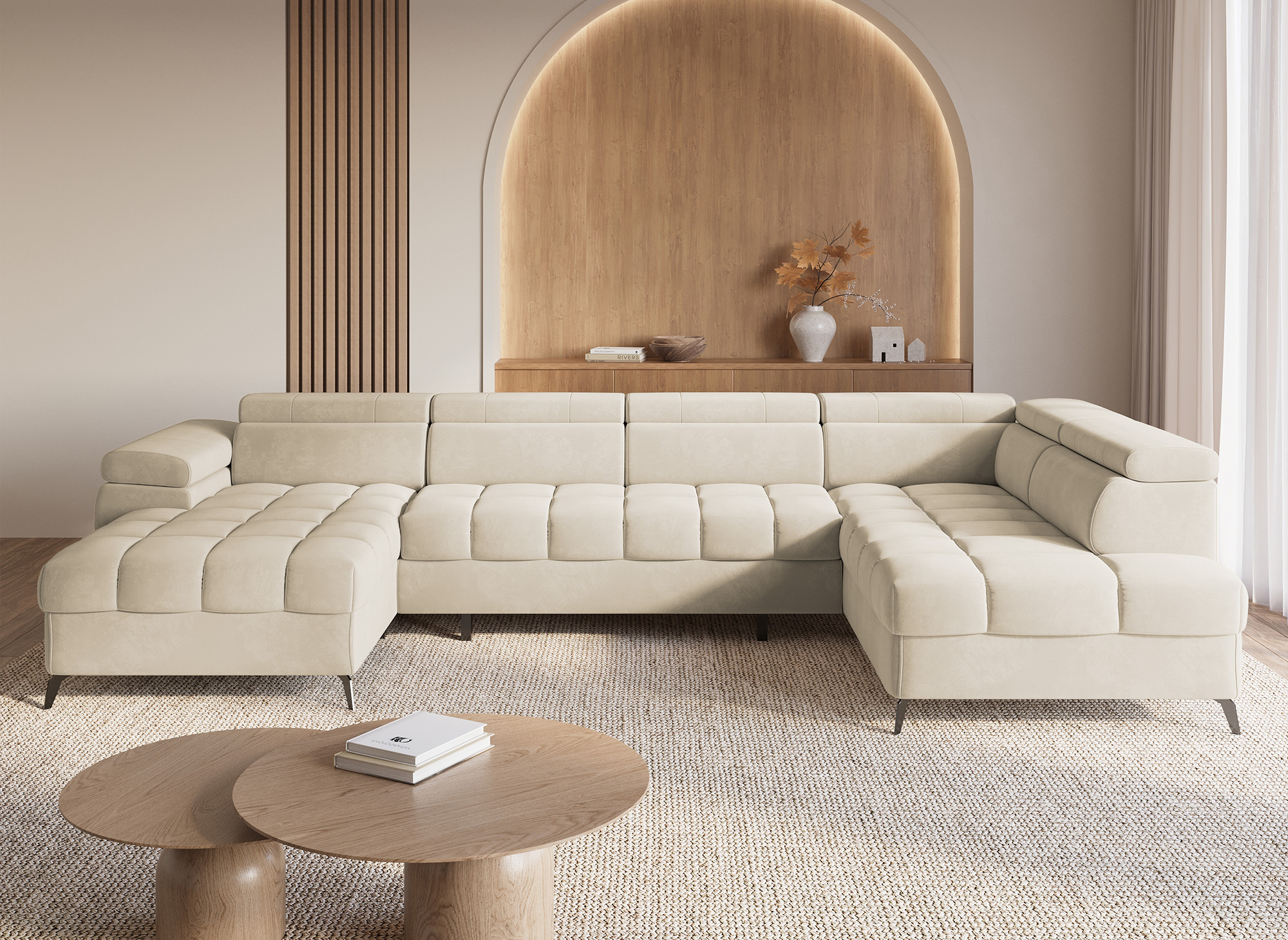Canapé panoramique convertible matelassé avec coffre en velours beige LUCIANO - Angle gauche