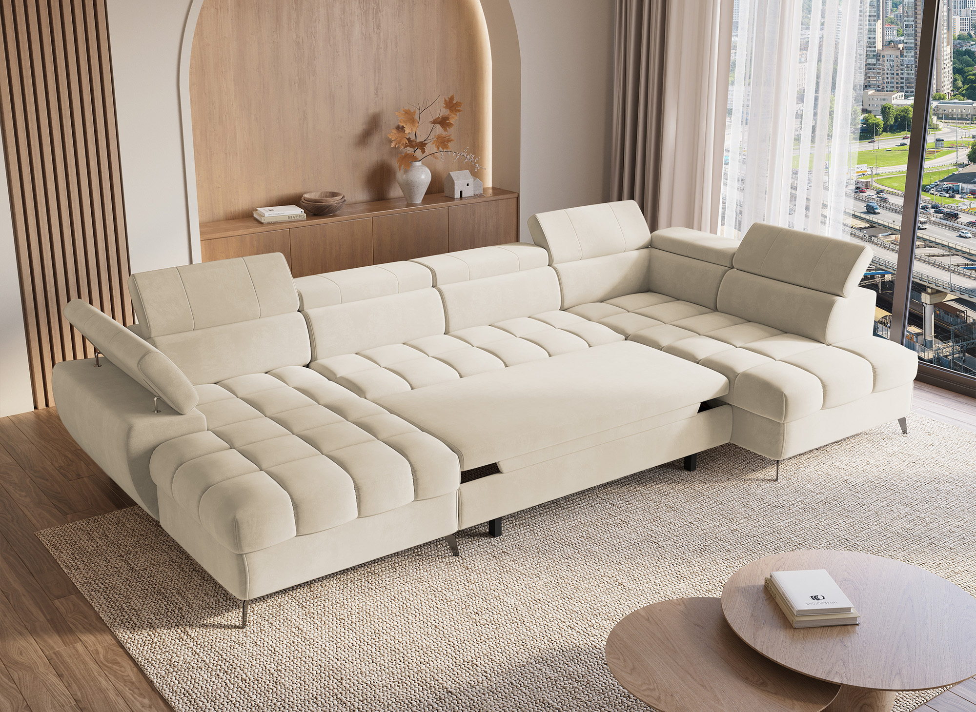 Canapé panoramique convertible matelassé avec coffre en velours beige LUCIANO - Angle gauche