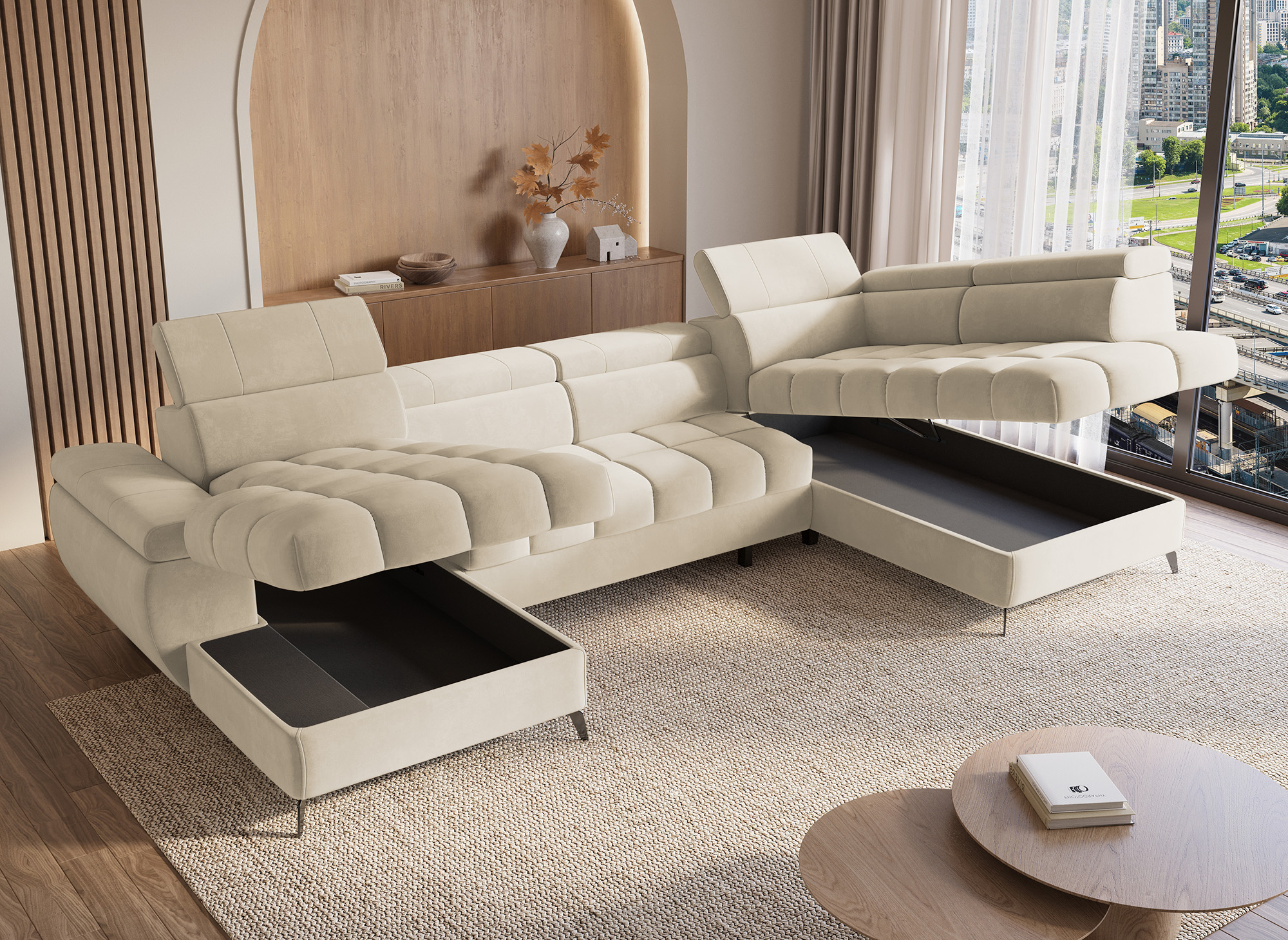 Canapé panoramique convertible matelassé avec coffre en velours beige LUCIANO - Angle gauche