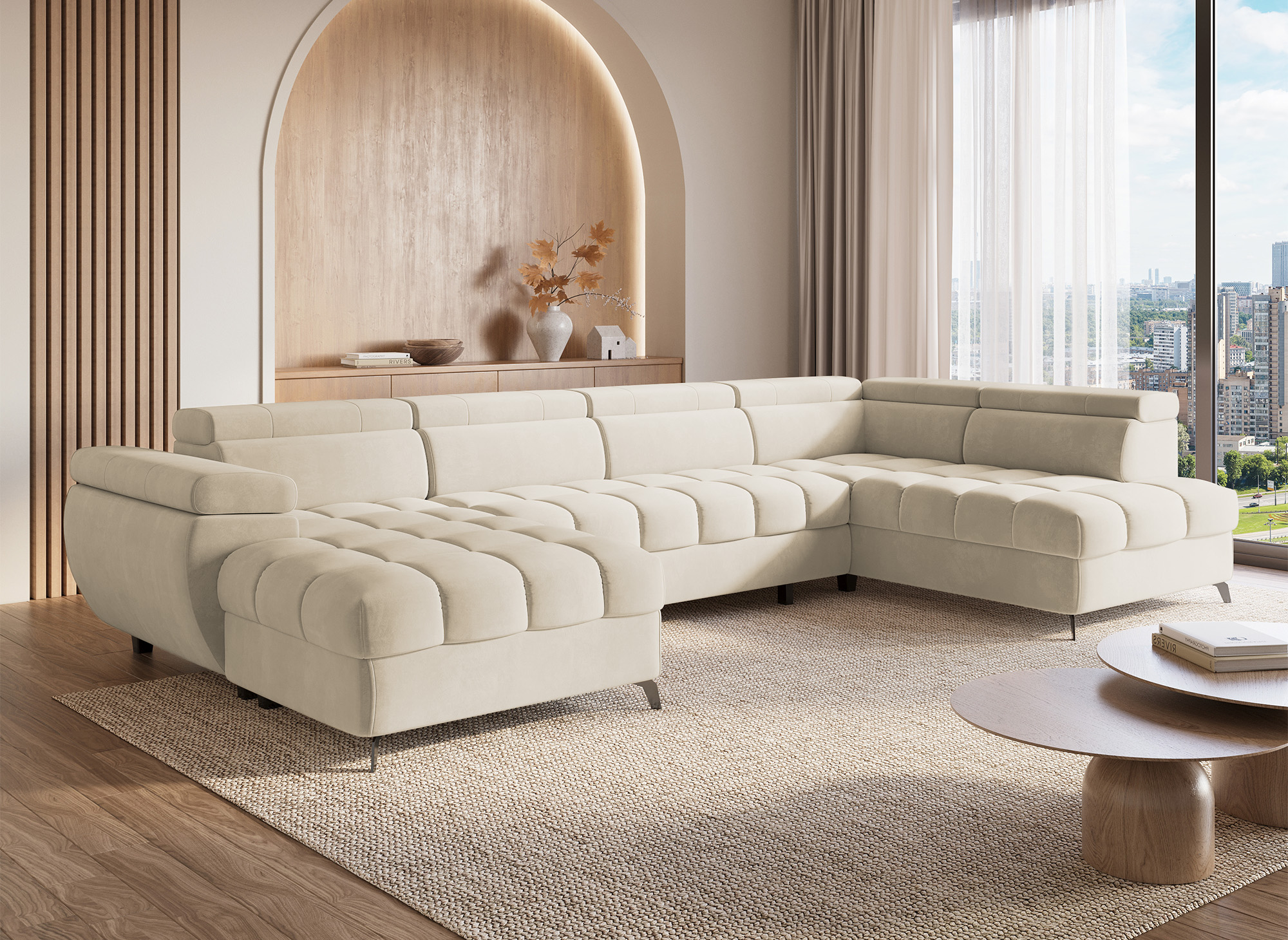 Canapé panoramique convertible matelassé avec coffre en velours beige LUCIANO - Angle gauche