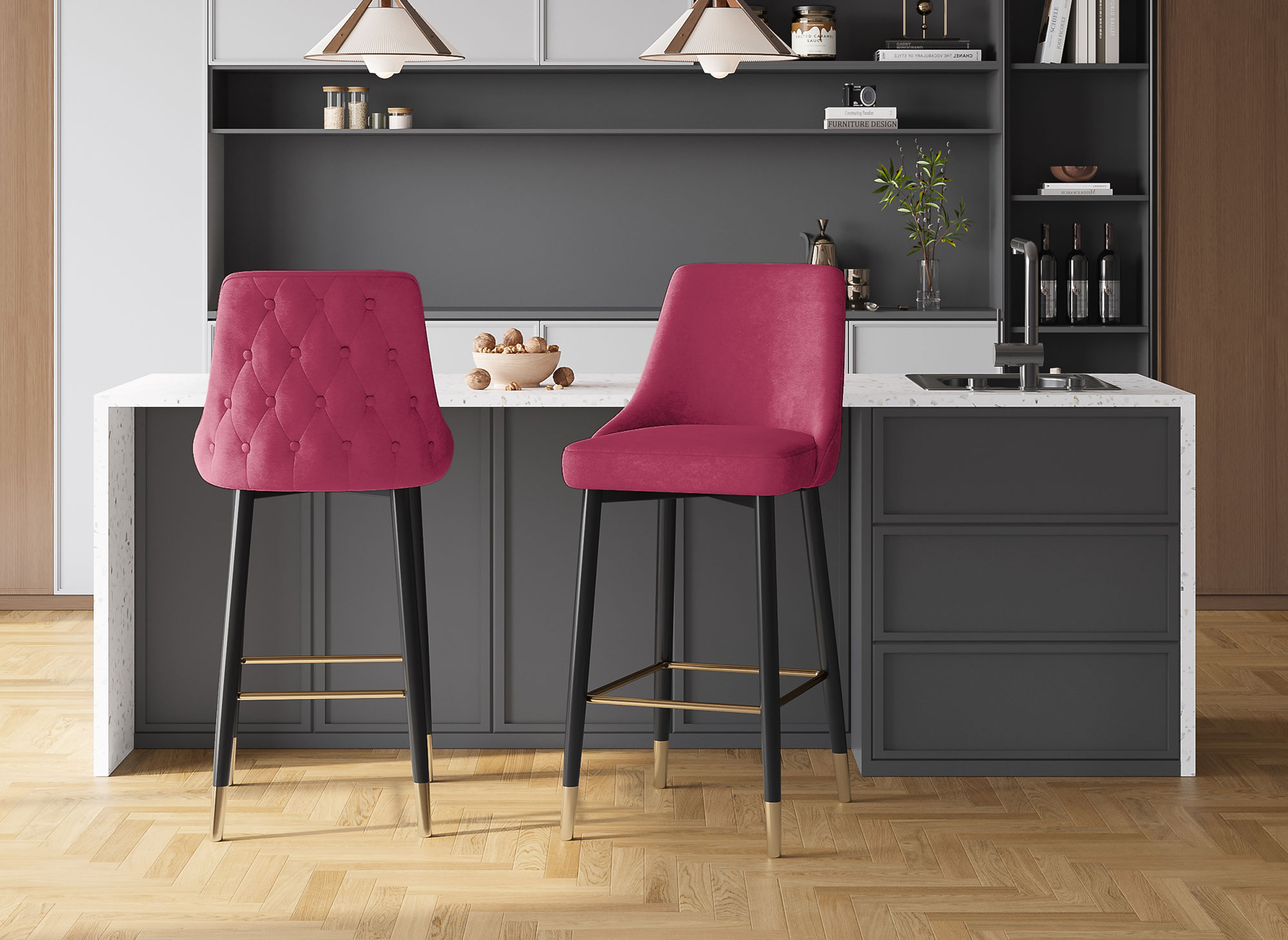 Lot de 2 tabourets de bar en velours rouge bordeaux DORINA