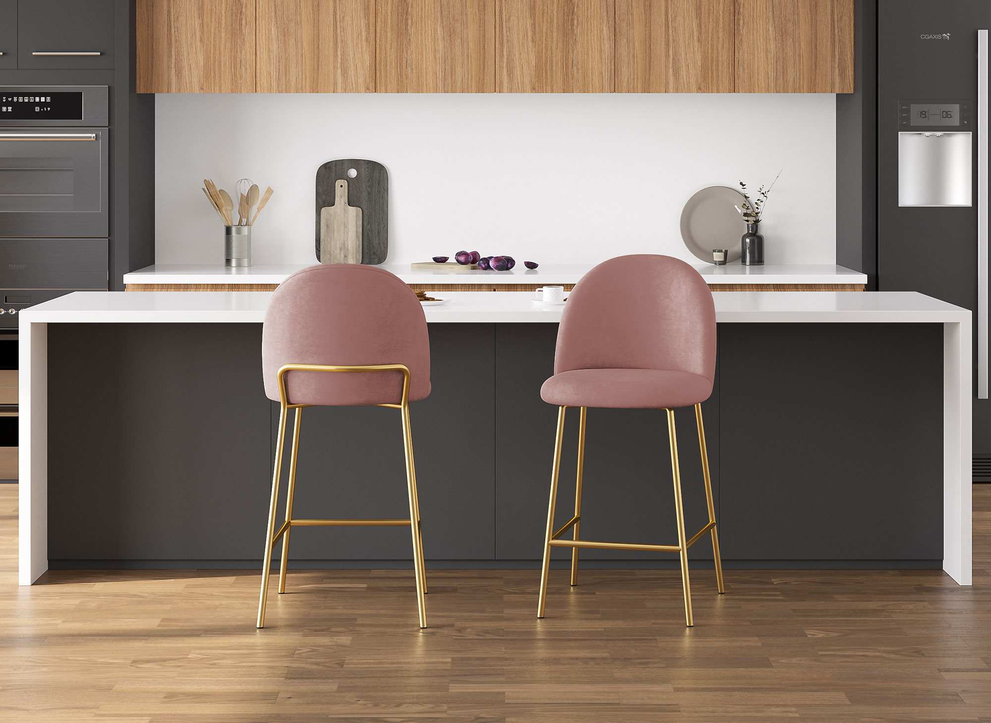 Lot de 2 tabourets de bar design en velours rose ARABEL