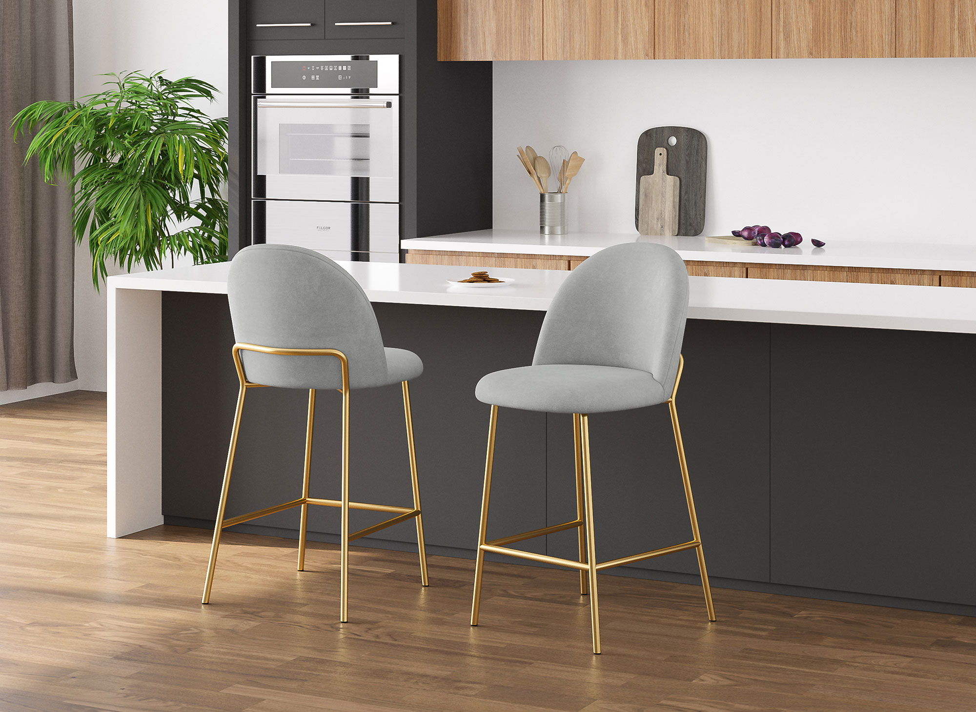 Lot de 2 tabourets de bar design en velours gris ARABEL