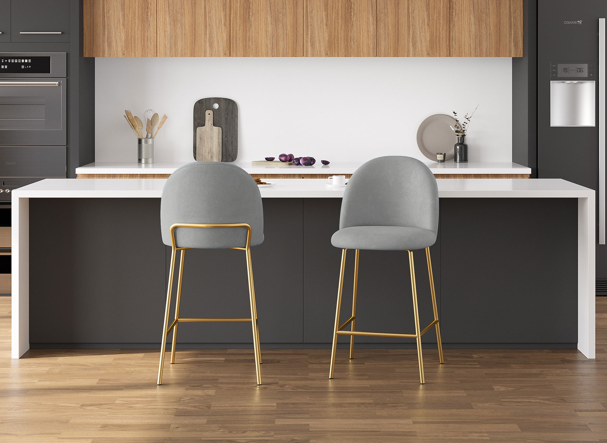 Lot de 2 tabourets de bar design en velours gris ARABEL