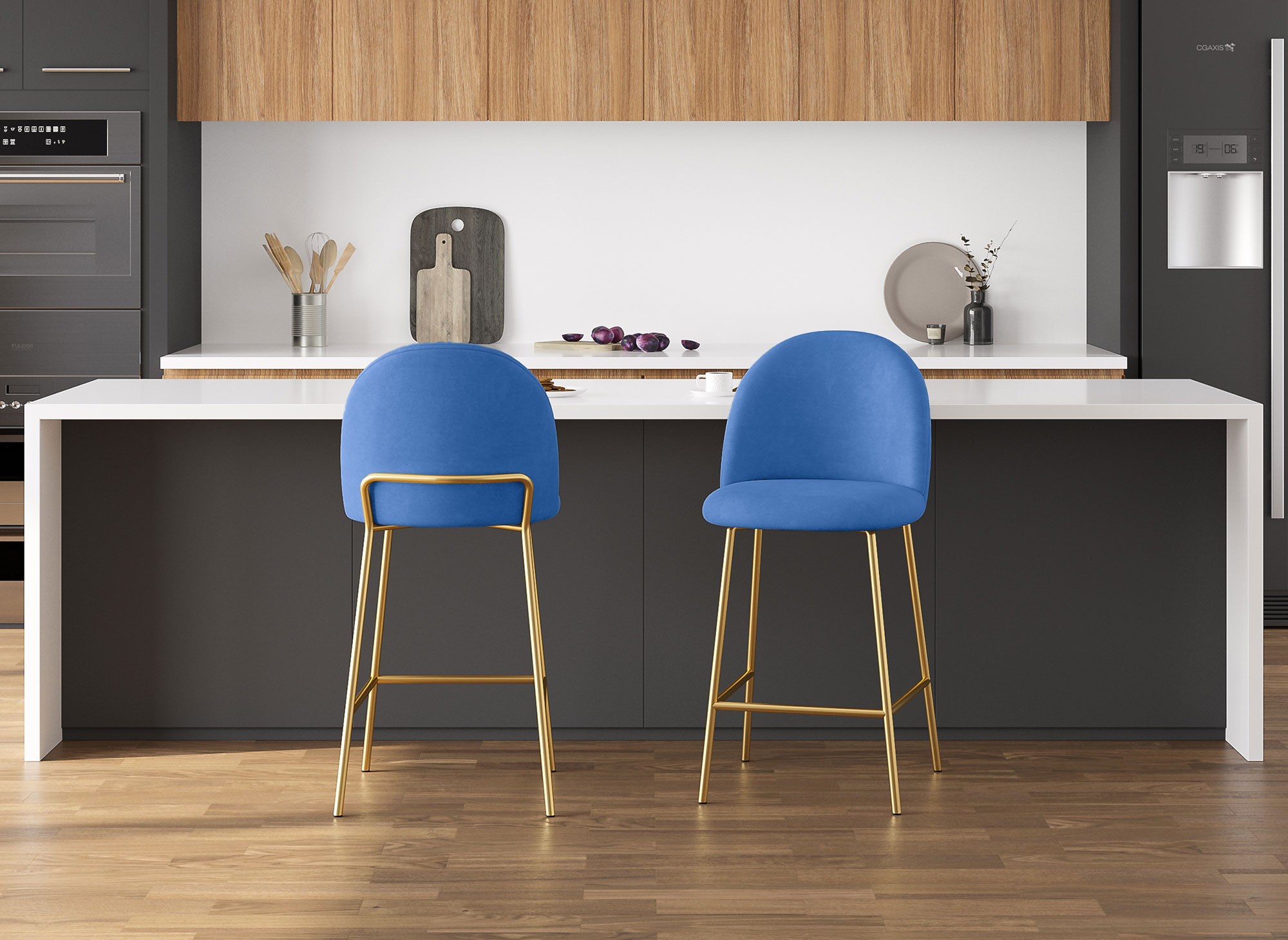 Lot de 2 tabourets de bar design en velours bleu ARABEL