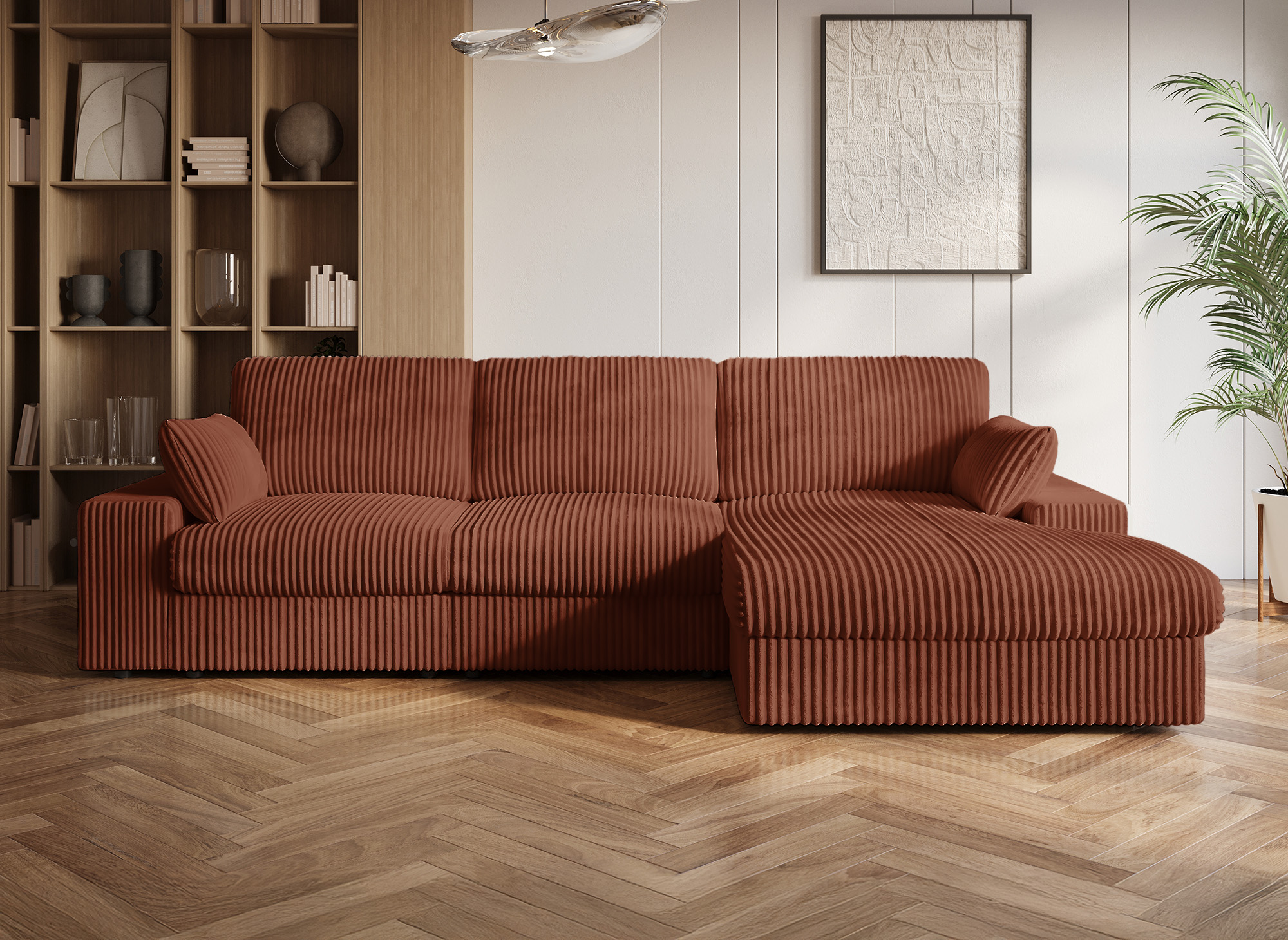 Canapé d'angle réversible en gros côtelé doux terracotta SIRINA