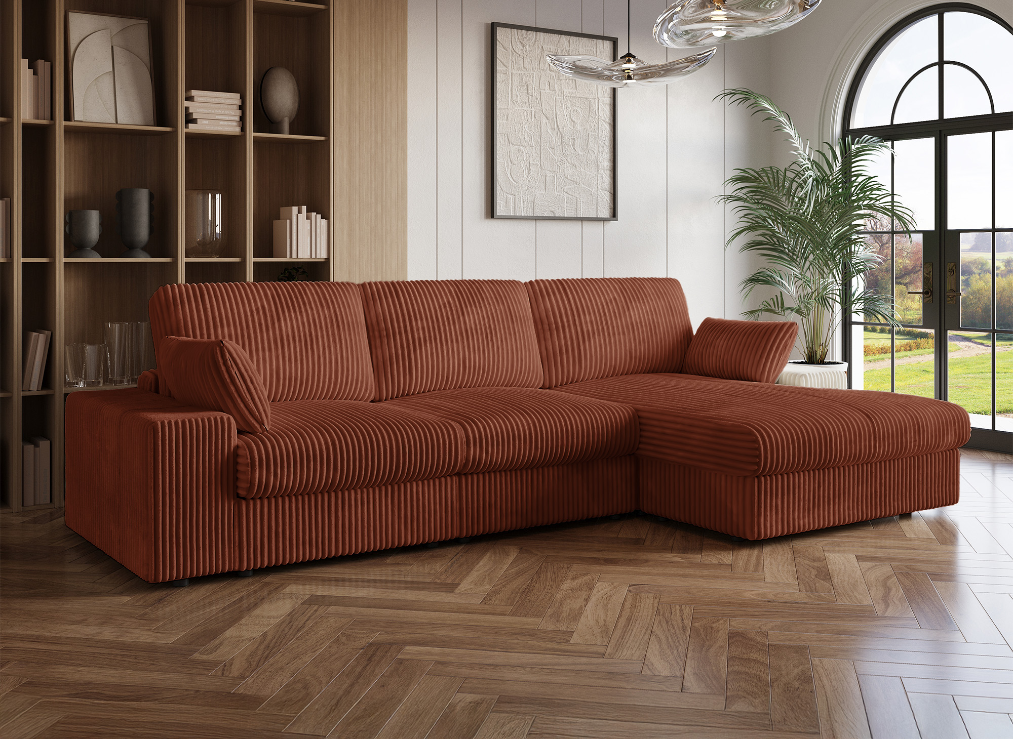Canapé d'angle réversible en gros côtelé doux terracotta SIRINA