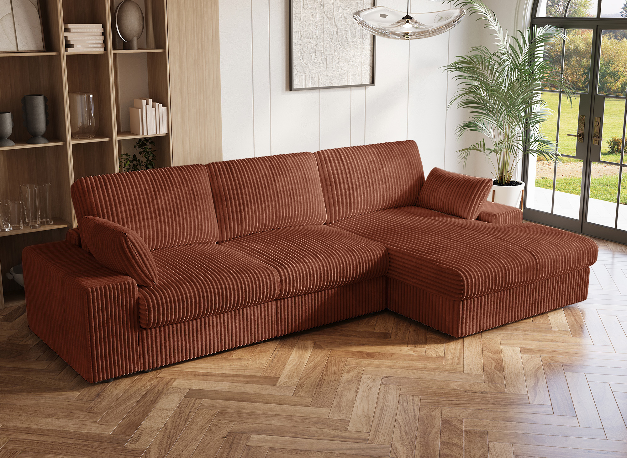 Canapé d'angle réversible en gros côtelé doux terracotta SIRINA