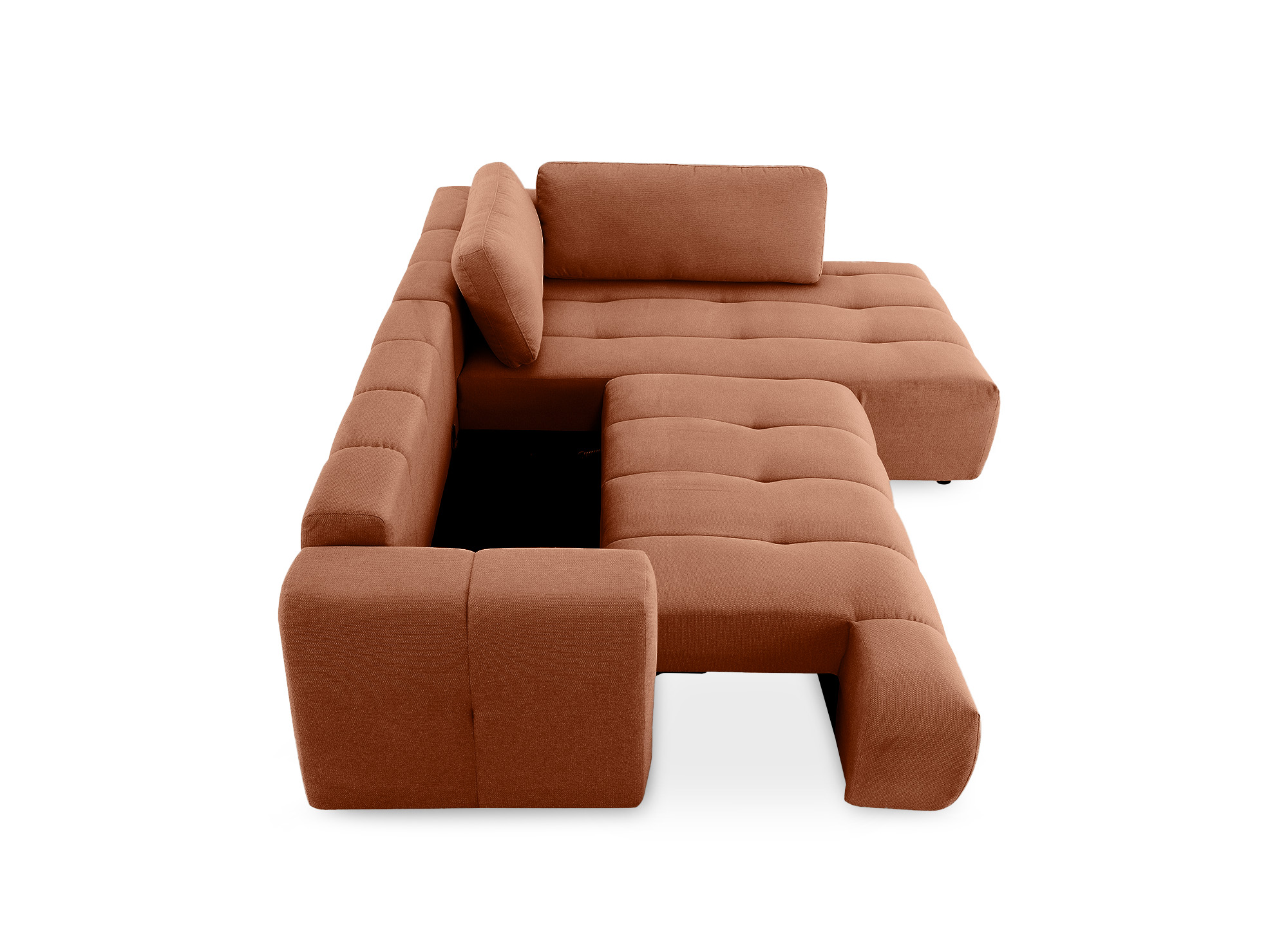 Canapé d'angle convertible avec coffre en tissu terracotta HAVEN - Angle droit