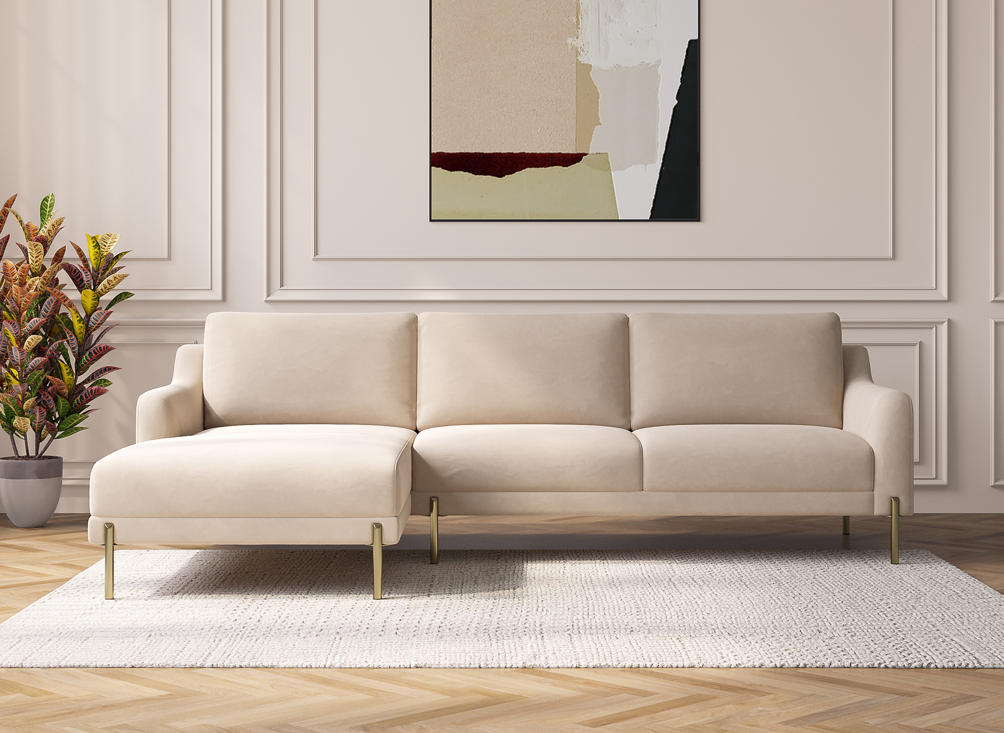 Canapé d'angle avec méridienne en velours beige CELINE - Angle Gauche