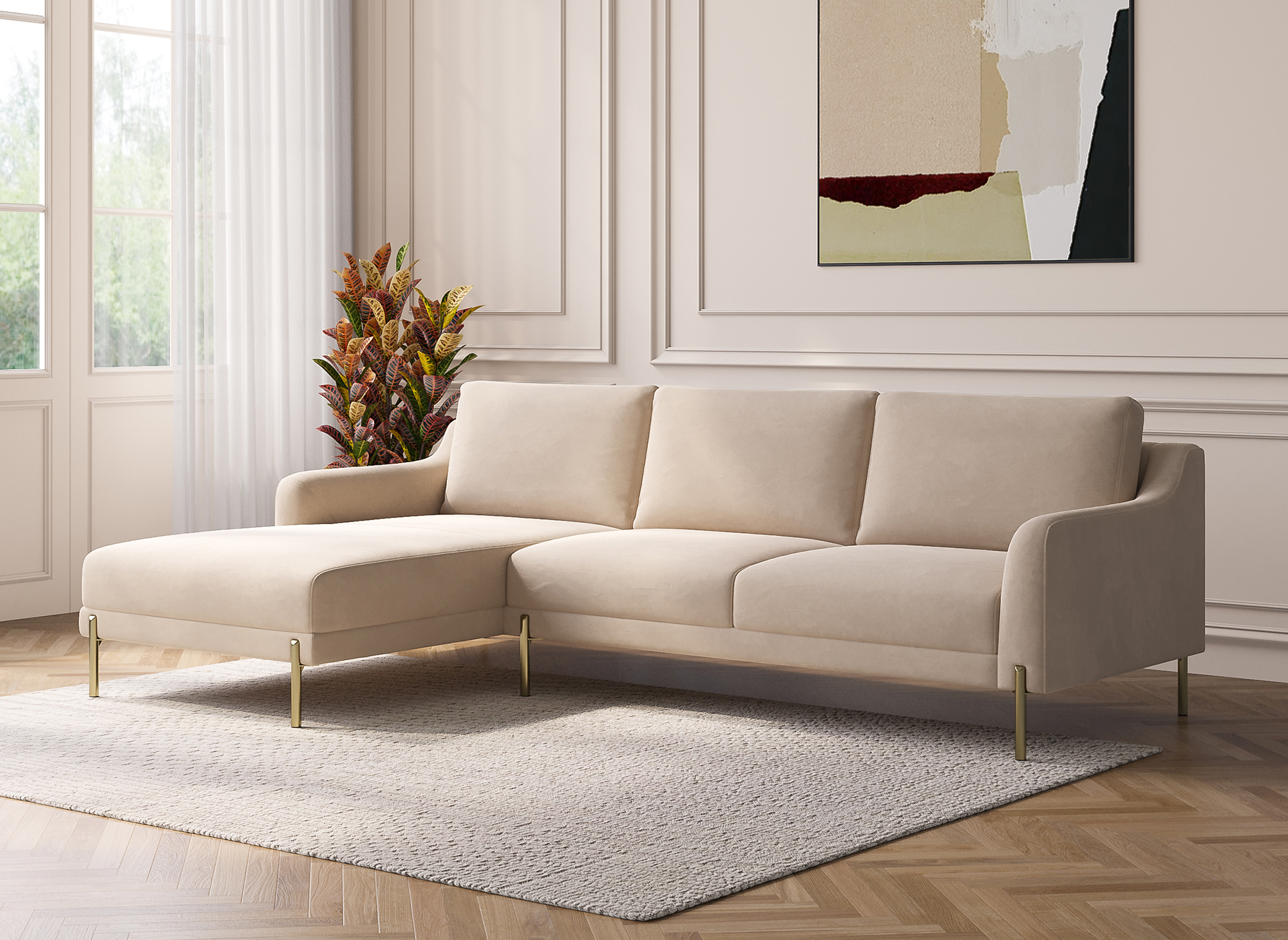 Canapé d'angle avec méridienne en velours beige CELINE - Angle Gauche