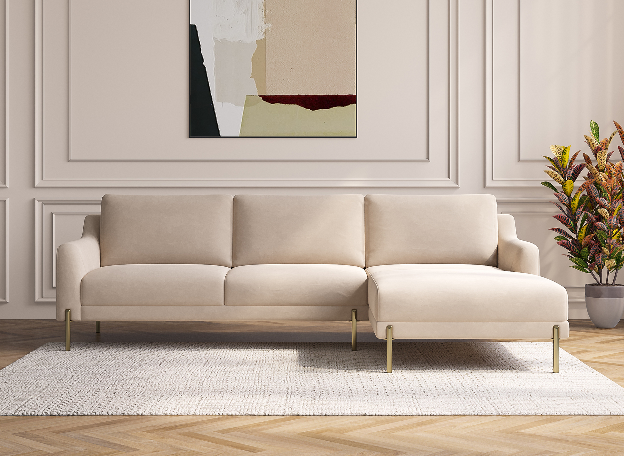 Canapé d'angle avec méridienne en velours beige CELINE - Angle Droit