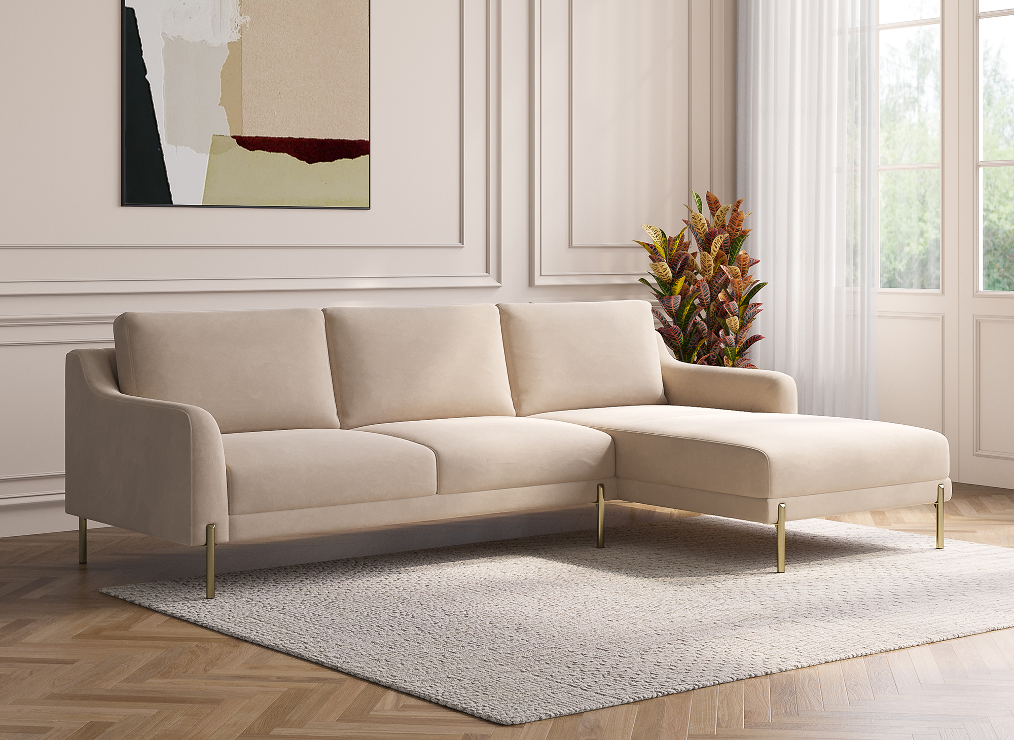 Canapé d'angle avec méridienne en velours beige CELINE - Angle Droit