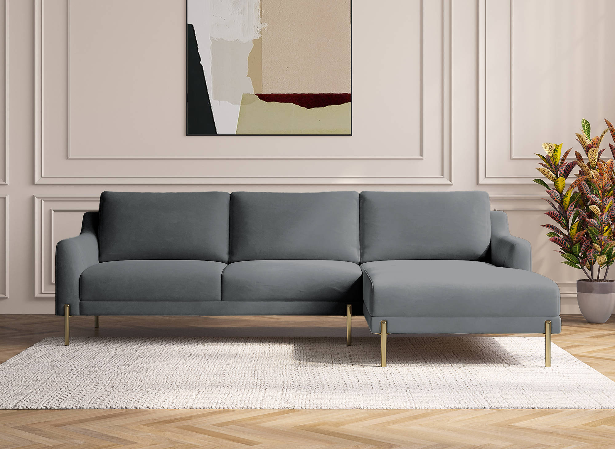 Canapé d'angle avec méridienne en velours gris CELINE - Angle Droit