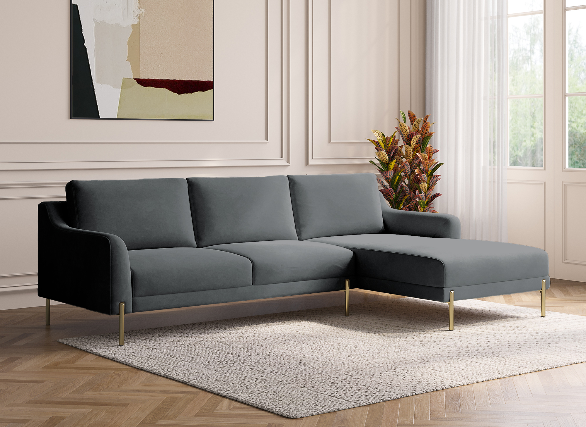 Canapé d'angle avec méridienne en velours gris CELINE - Angle Droit