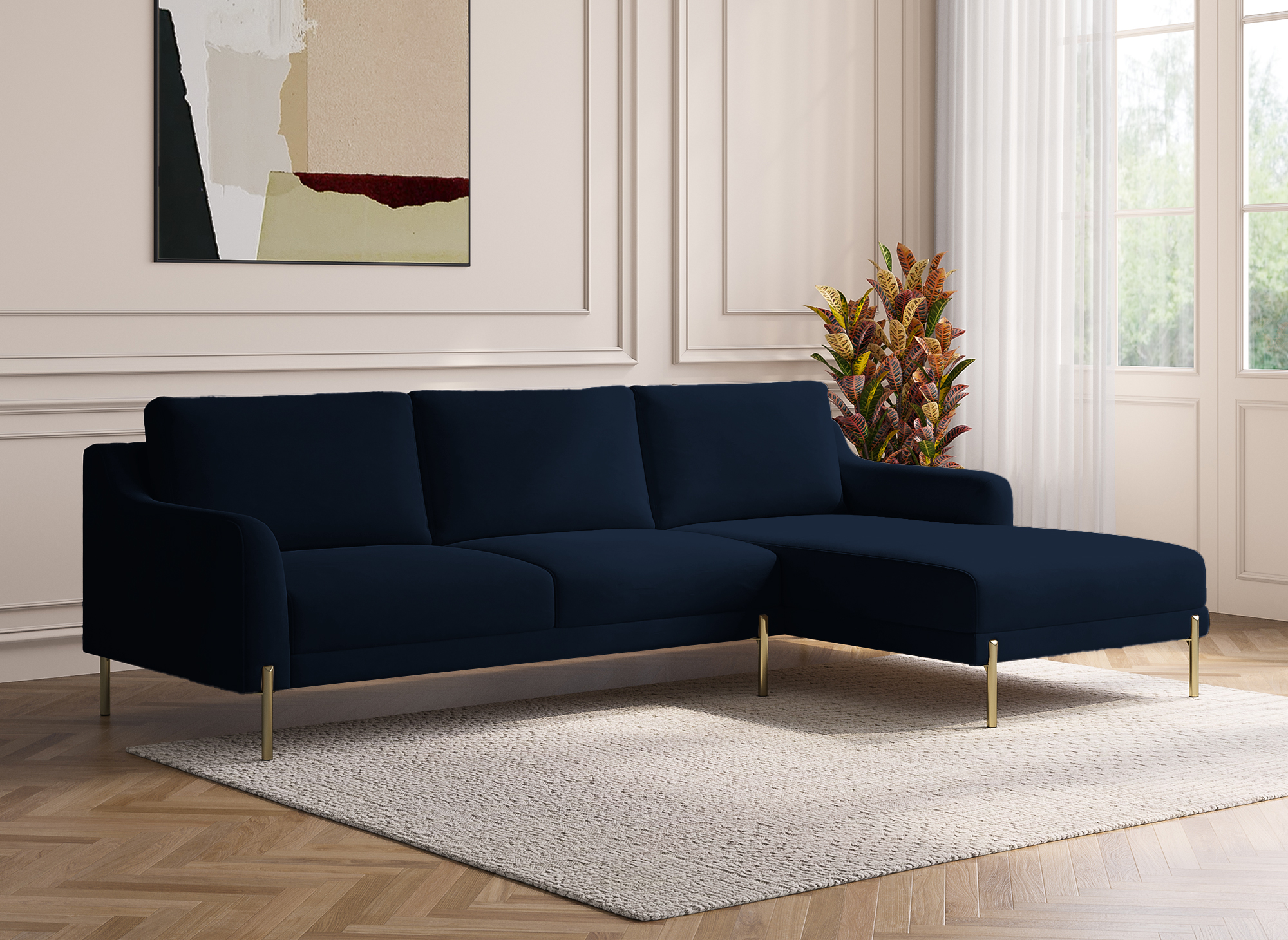 Canapé d'angle avec méridienne en velours bleu CELINE - Angle Droit