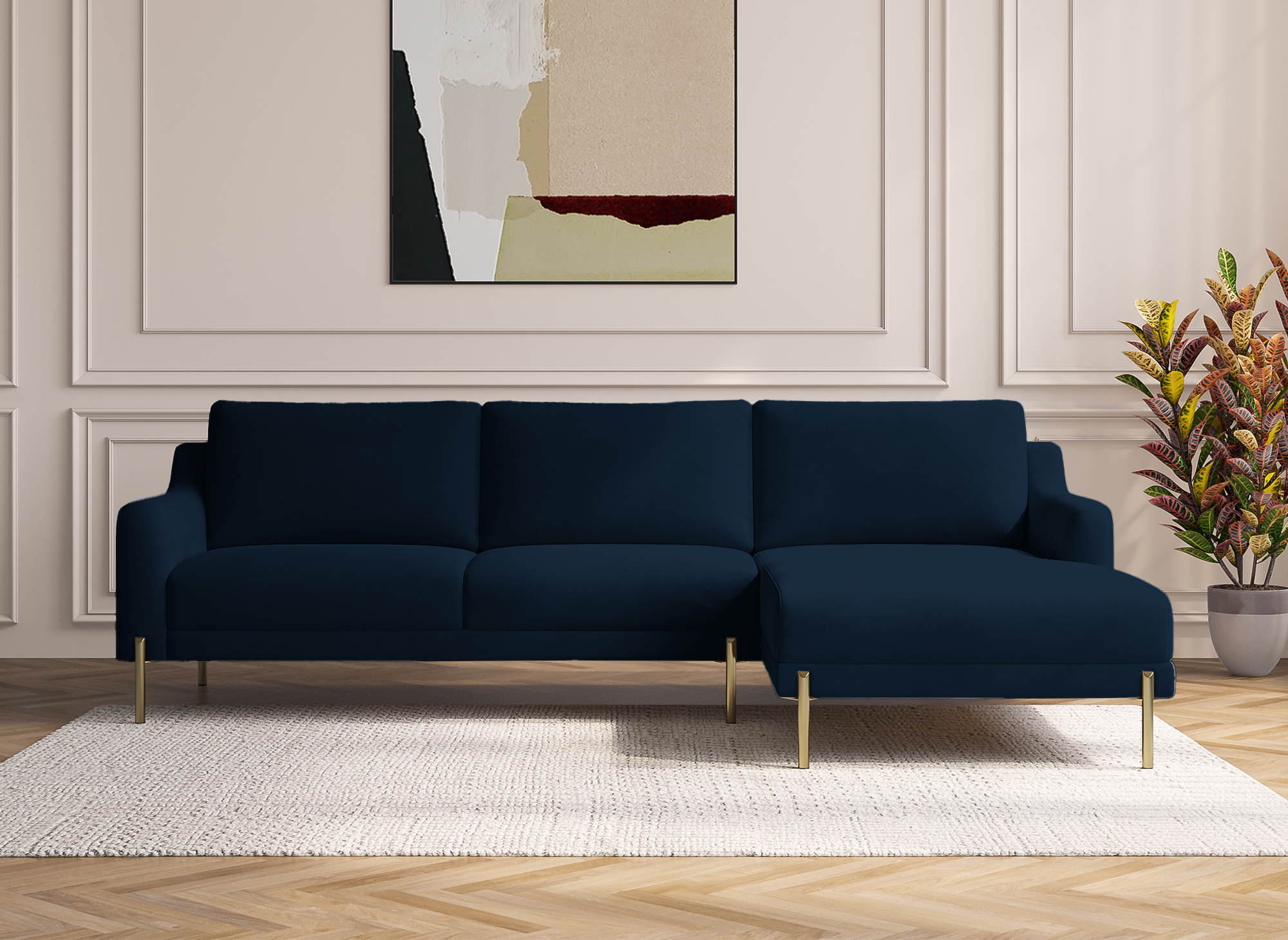 Canapé d'angle avec méridienne en velours bleu CELINE - Angle Droit