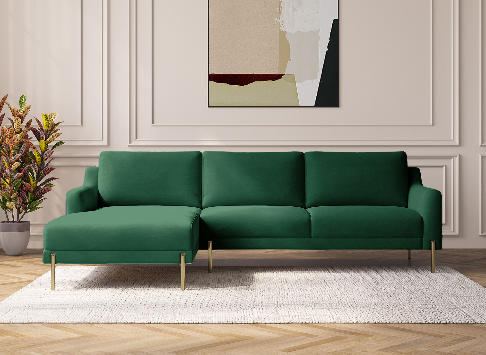 Canapé d'angle avec méridienne en velours vert CELINE - Angle Gauche