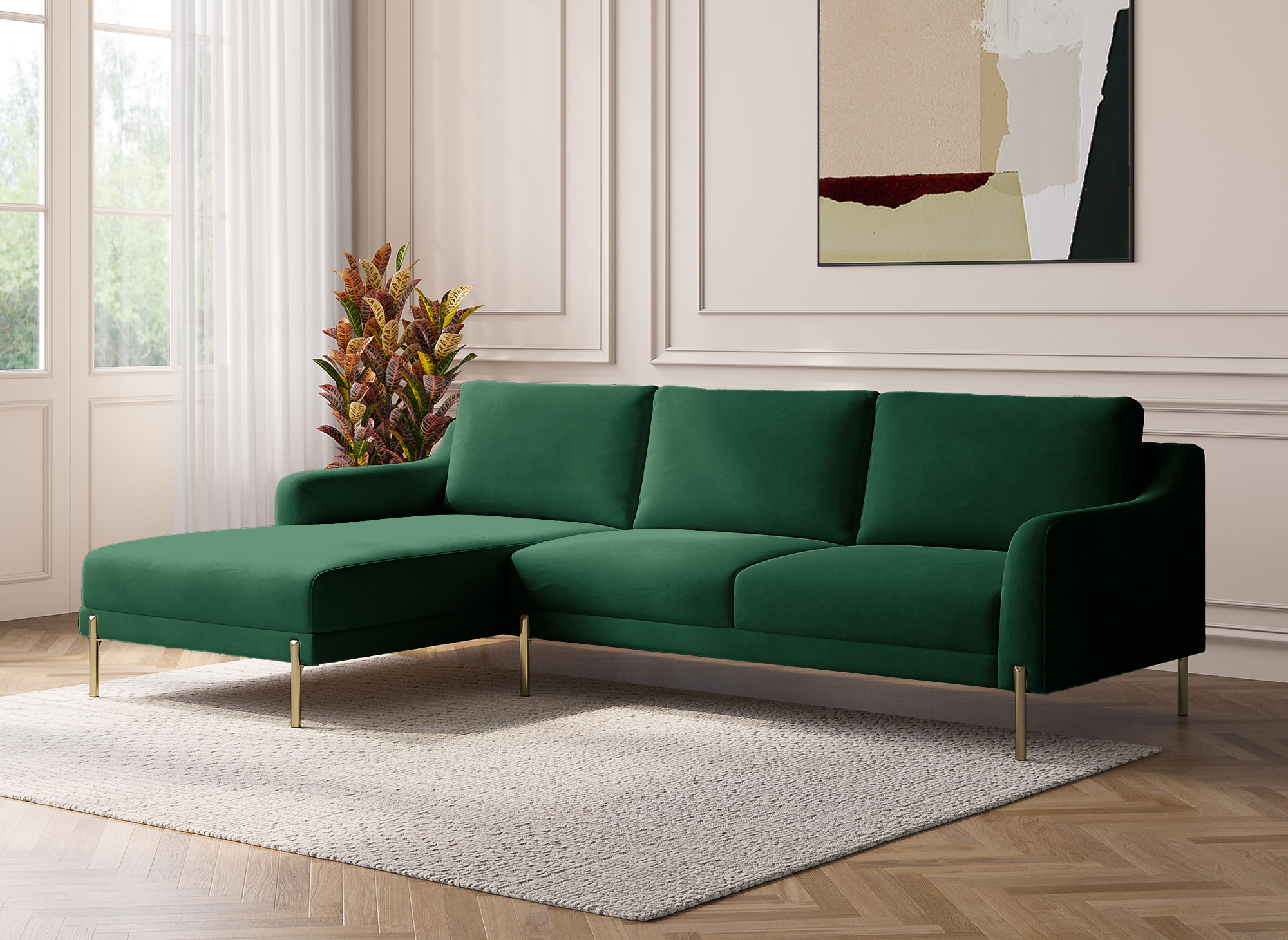 Canapé d'angle avec méridienne en velours vert CELINE - Angle Gauche